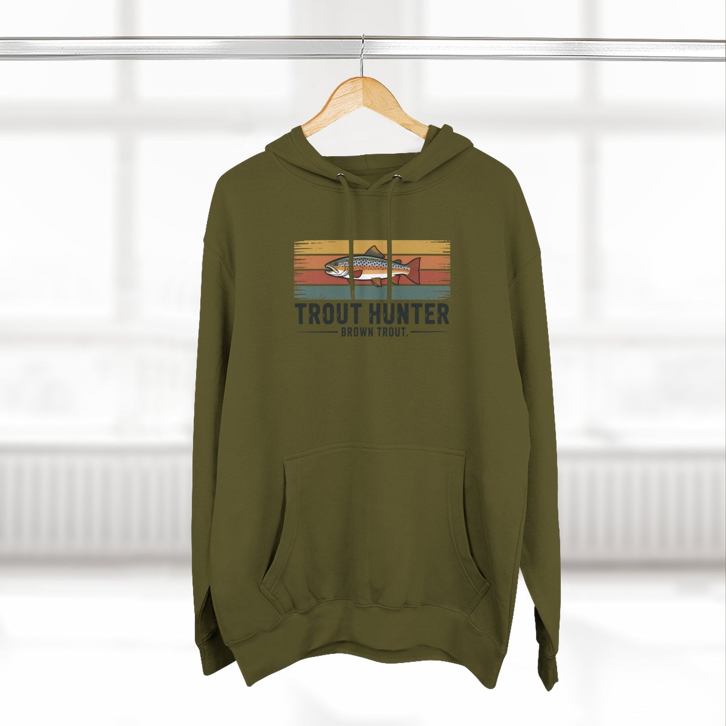 Trout Hunter Brown Trout Hoodie – Retro Stripes Fishing Hoodie for Anglers