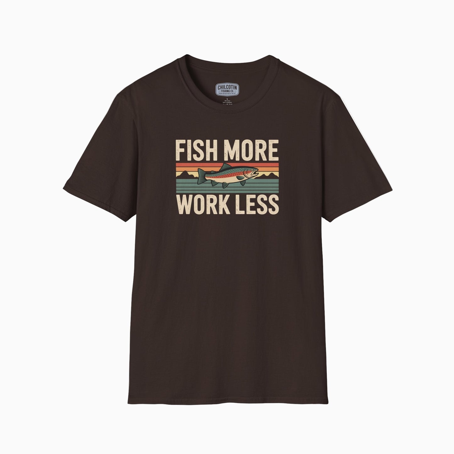 Brown t-shirt with 'Fish More Work Less' graphic on a white background