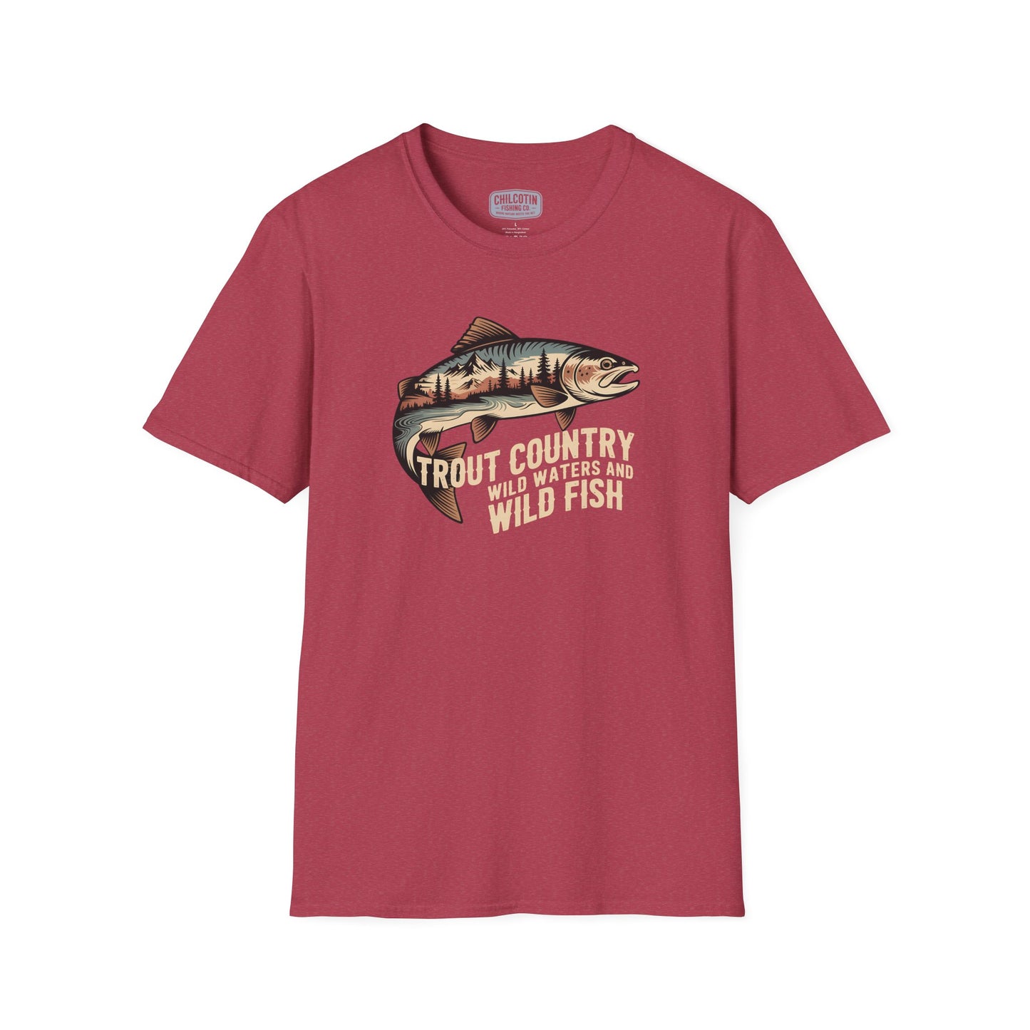 Red t-shirt with fish graphic and text on a white background