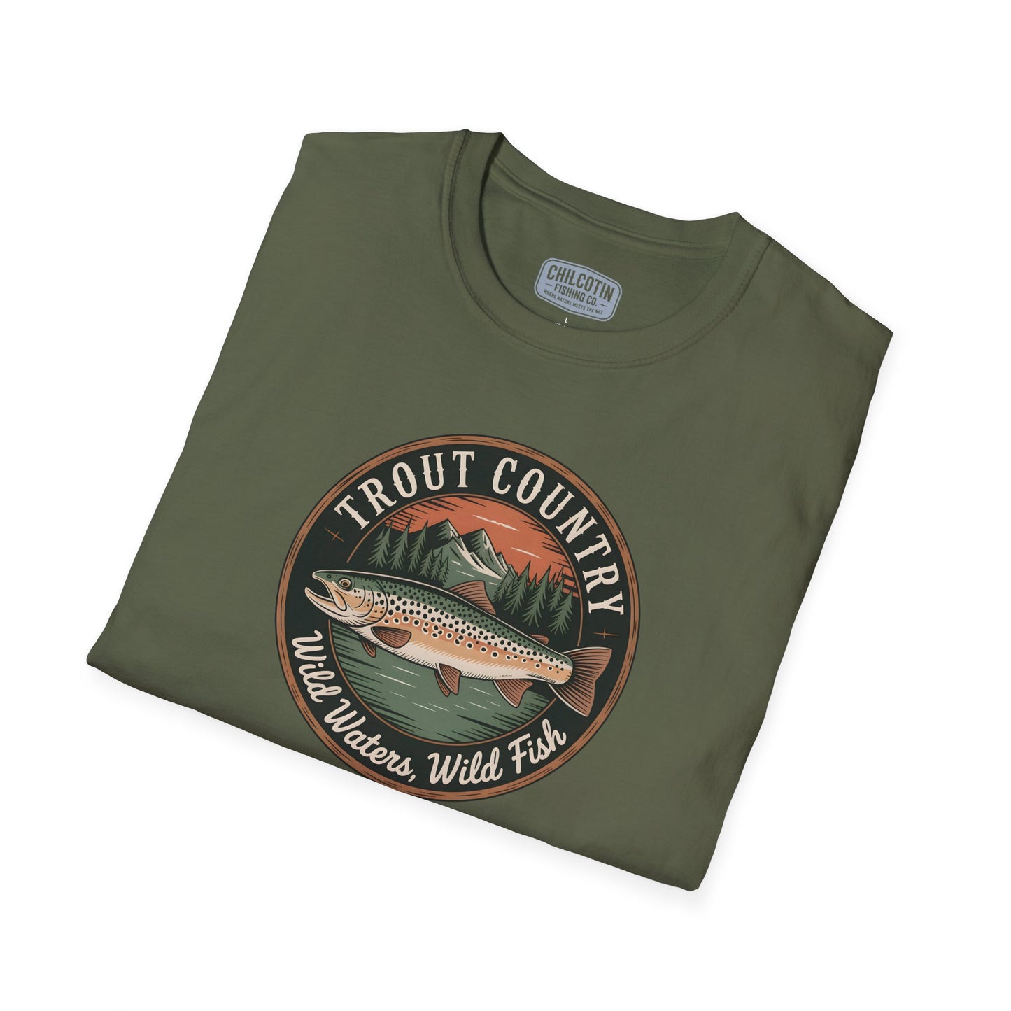 Close-up of brown trout badge design on Brown Trout Country T-Shirt