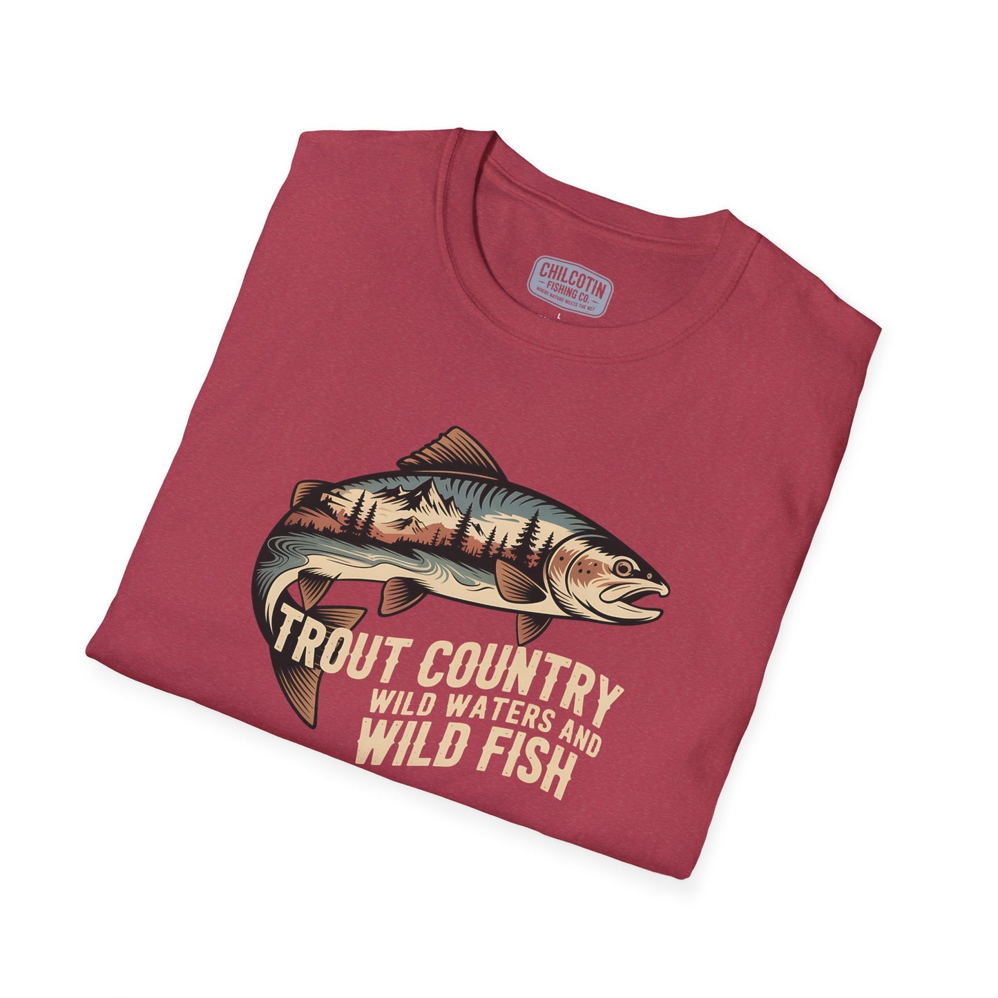 Folded red t-shirt with fish graphic and text on a white background