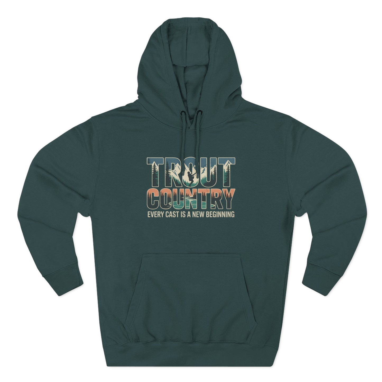 Green hoodie with 'Trout Country' text on a white background