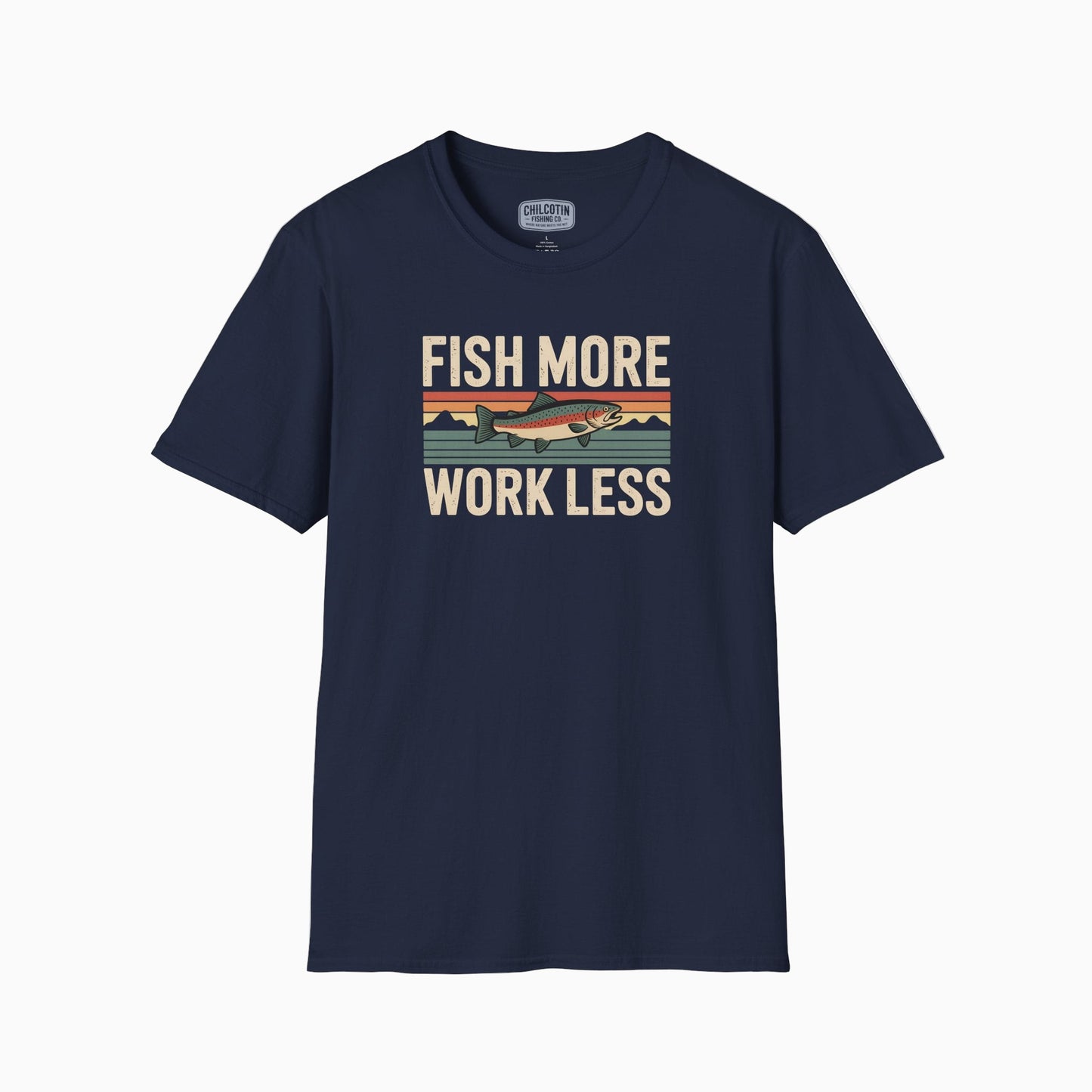 Navy blue t-shirt with 'Fish More Work Less' graphic on a white background
