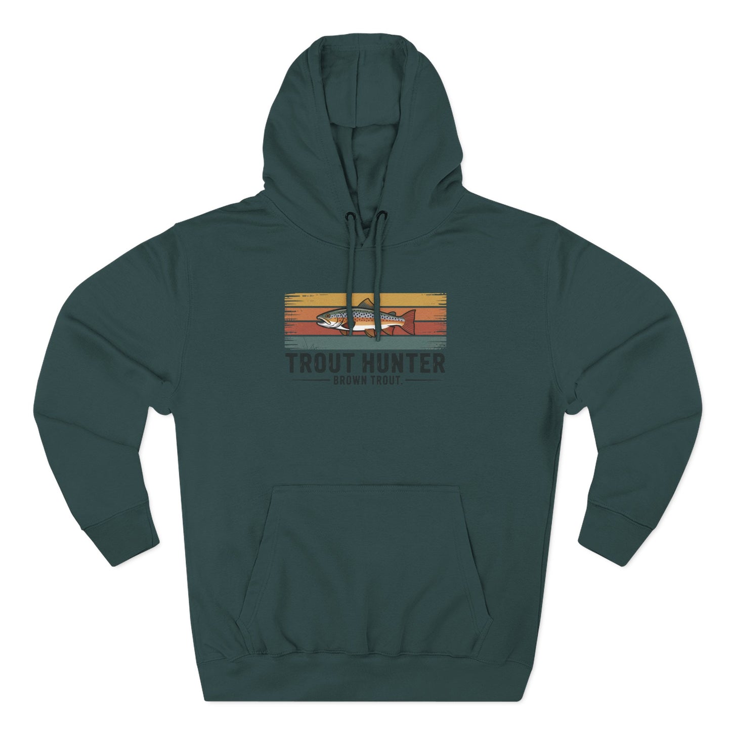 Green hoodie with 'Trout Hunter' graphic on a white background