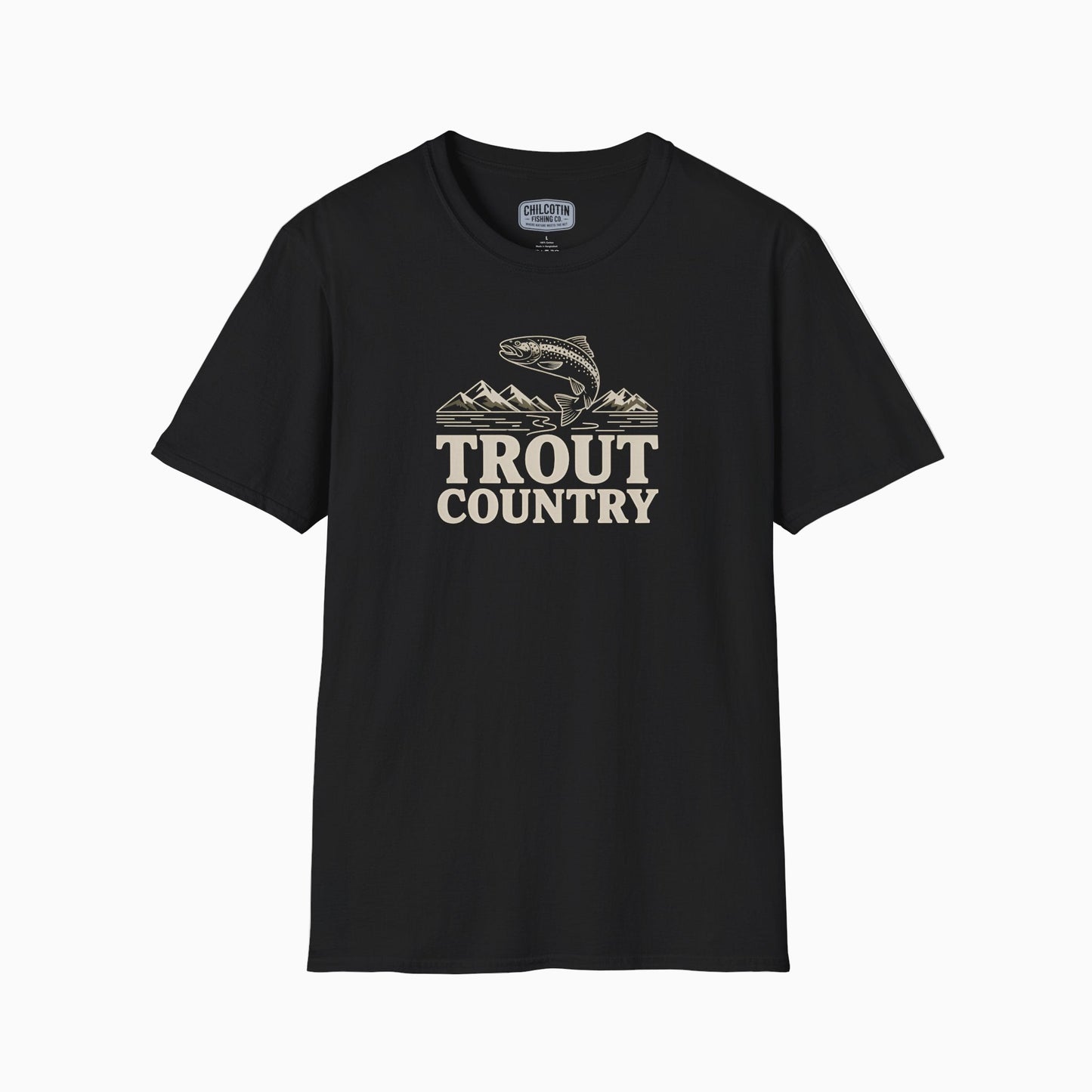 Black t-shirt with 'Trout Country' graphic design on a white background