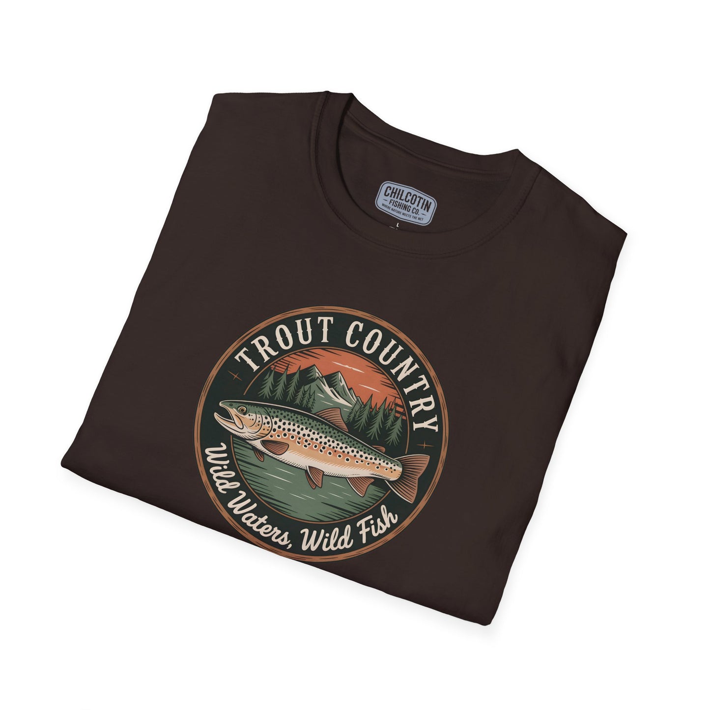 Close-up of brown trout badge design on Brown Trout Country T-Shirt