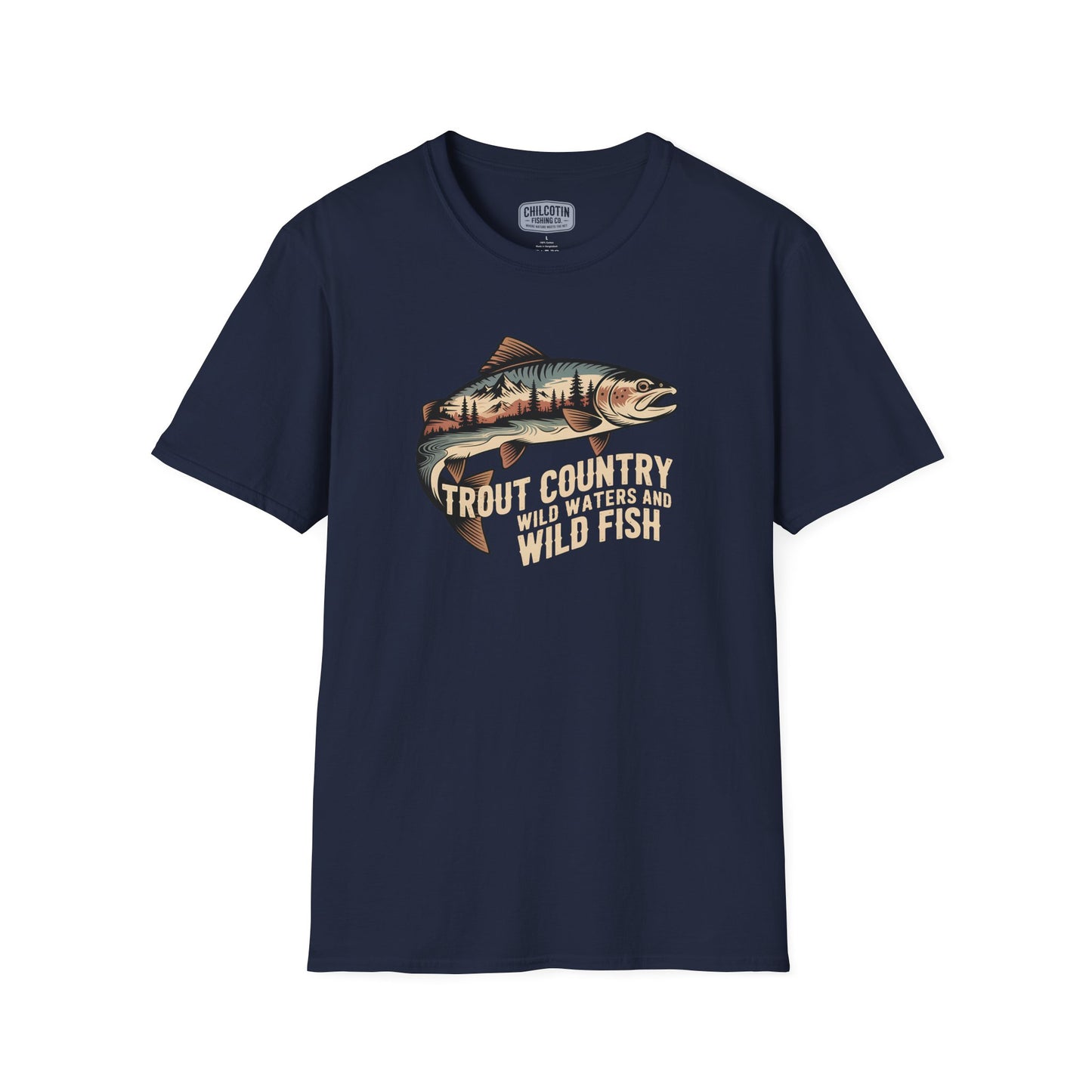 Navy blue t-shirt with a fish graphic and text on a white background