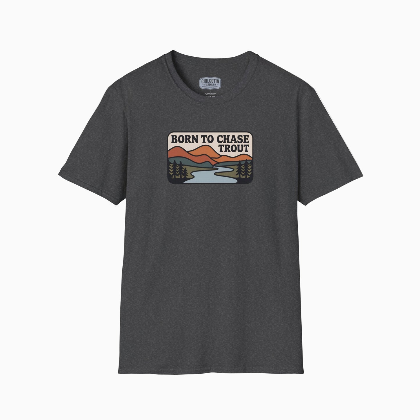 Gray t-shirt with nature graphic and 'Born to Chase Trout' text on a white background