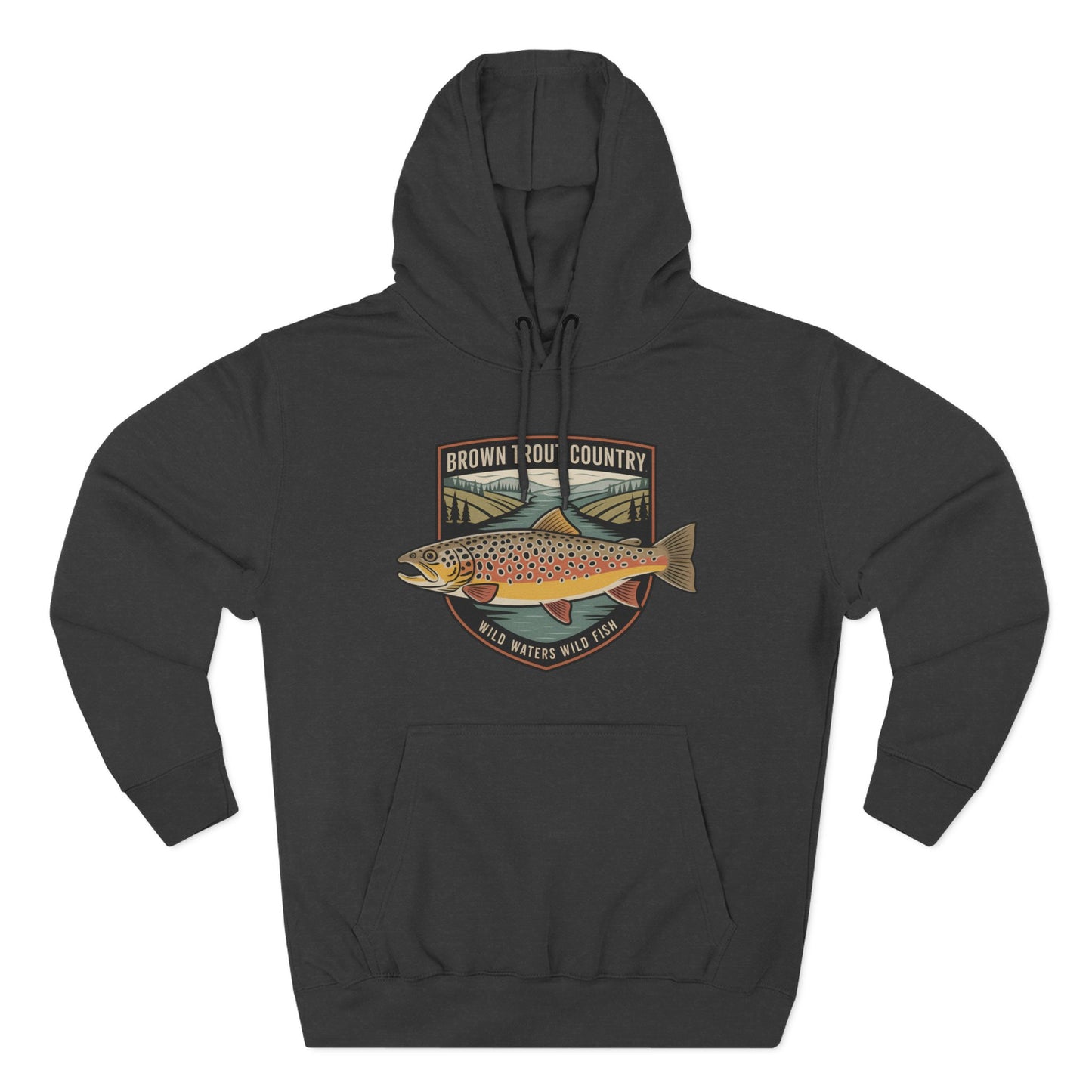 Black hoodie with a fish graphic and text on a white background