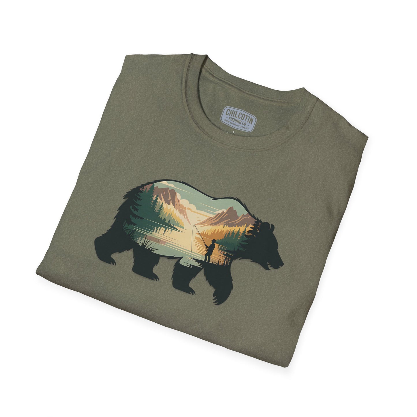 Grizzly Fall Scene Fishing T-Shirt | Rugged Outdoor Tee for Backcountry Anglers