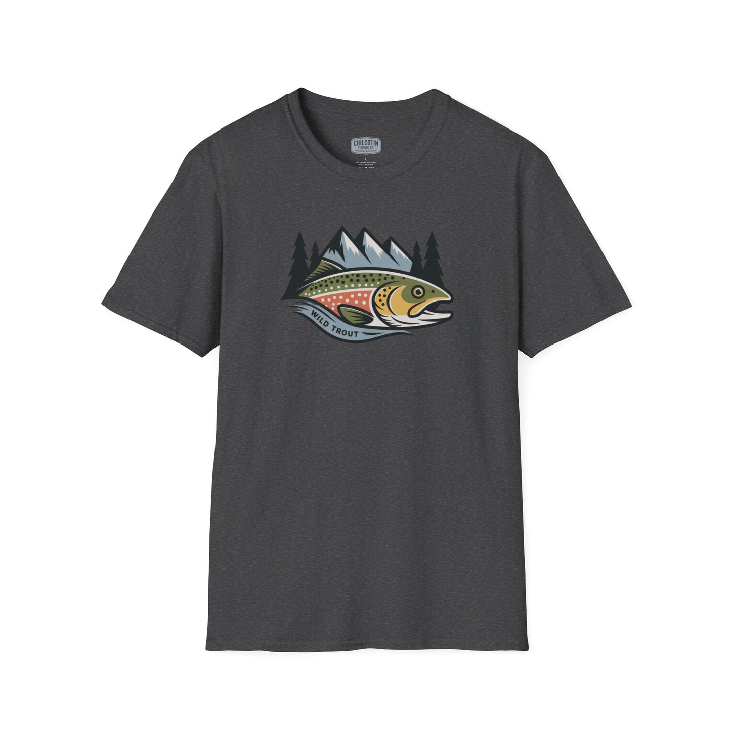 Gray t-shirt with a fish and mountain graphic on a white background