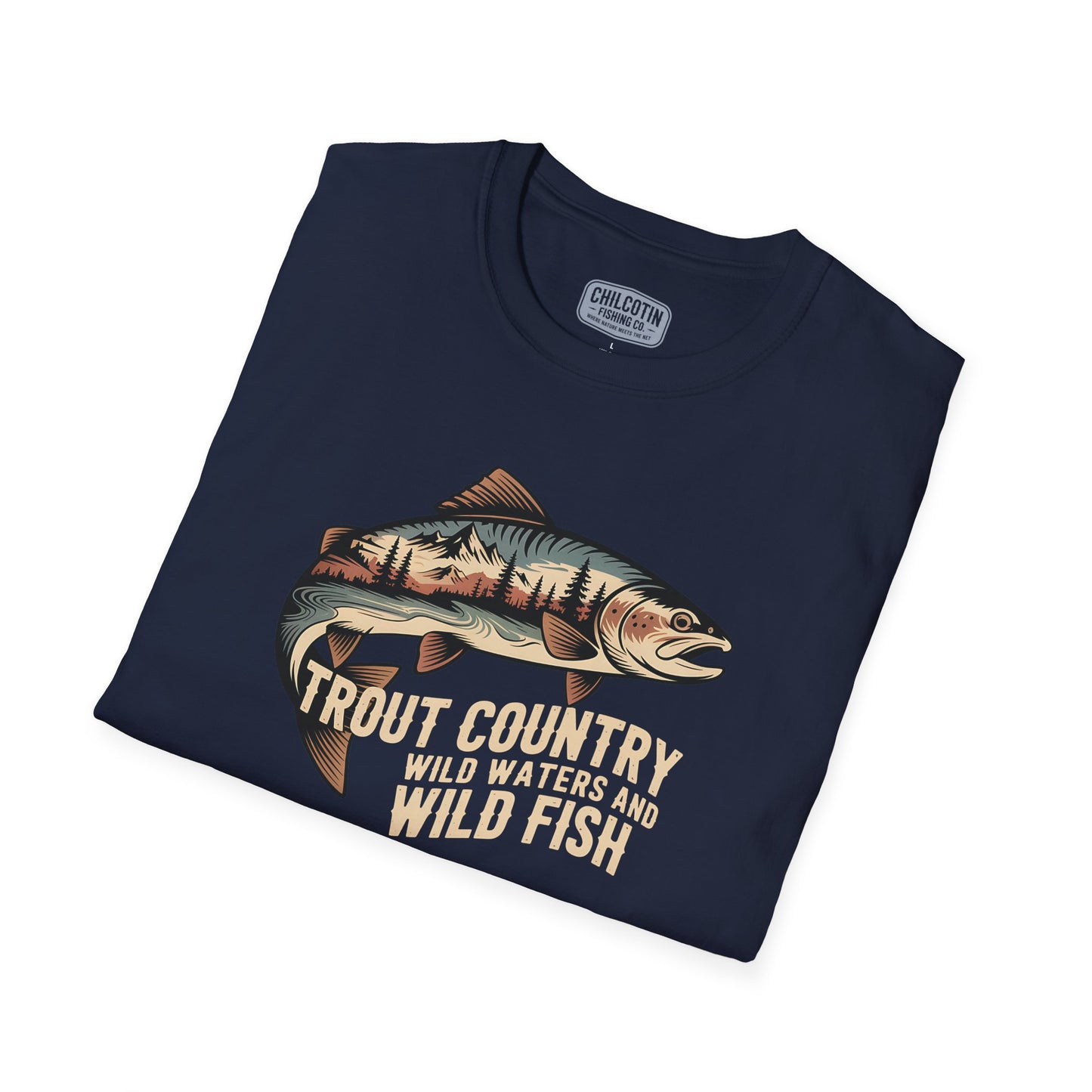 Folded navy blue t-shirt with fish graphic and text on a white background