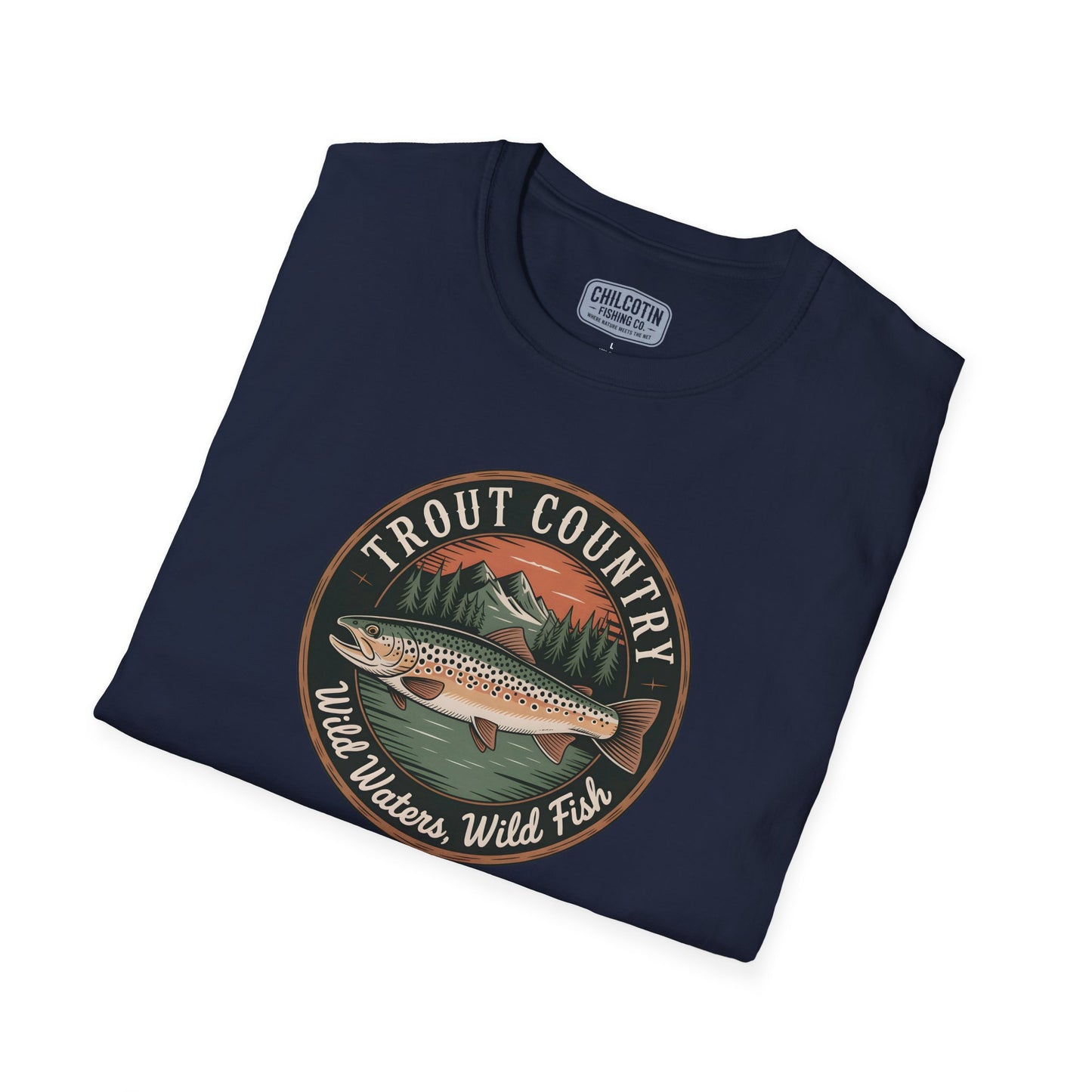 Close-up of brown trout badge design on Brown Trout Country T-Shirt