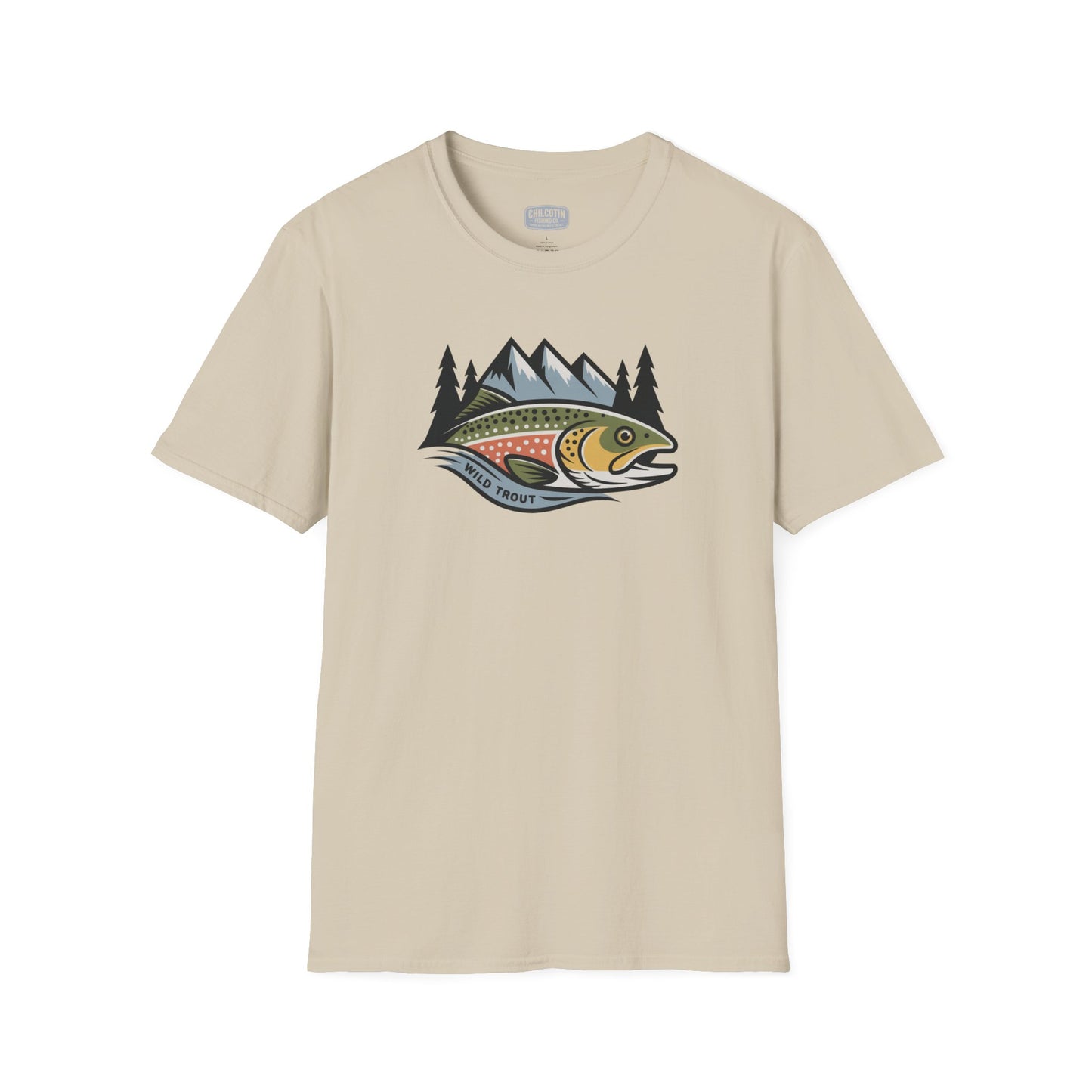 Beige t-shirt with a fish and mountain graphic on a white background