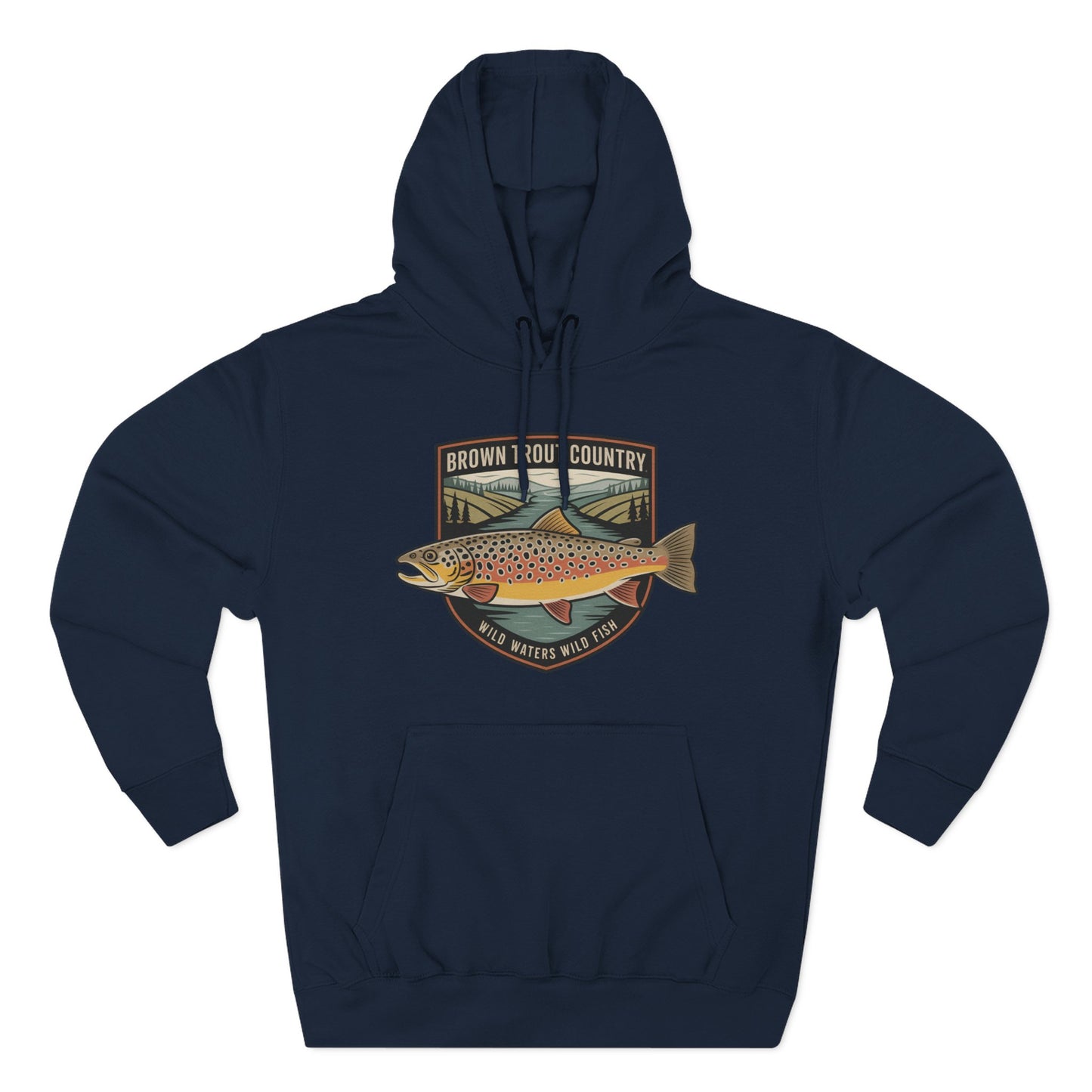 Navy blue hoodie with a fish graphic and text on a white background