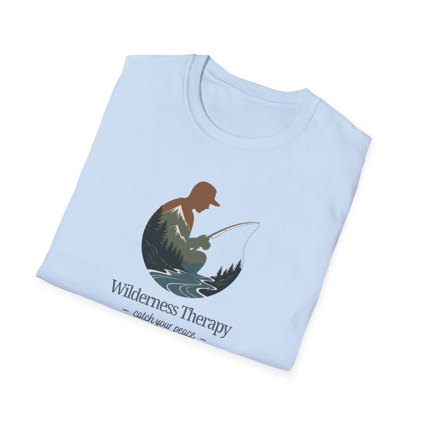 Light blue t-shirt with a graphic design and text on a white background