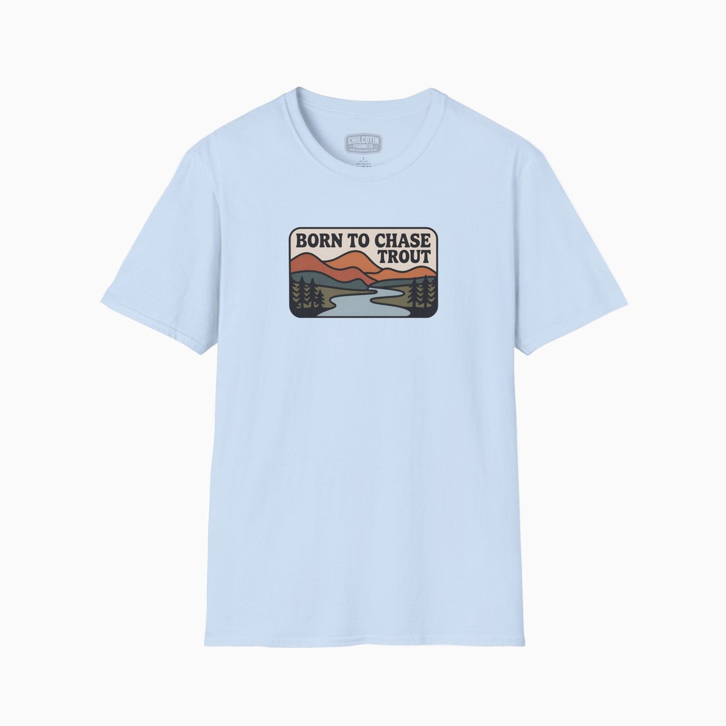 Light blue t-shirt with a graphic design and text on a white background