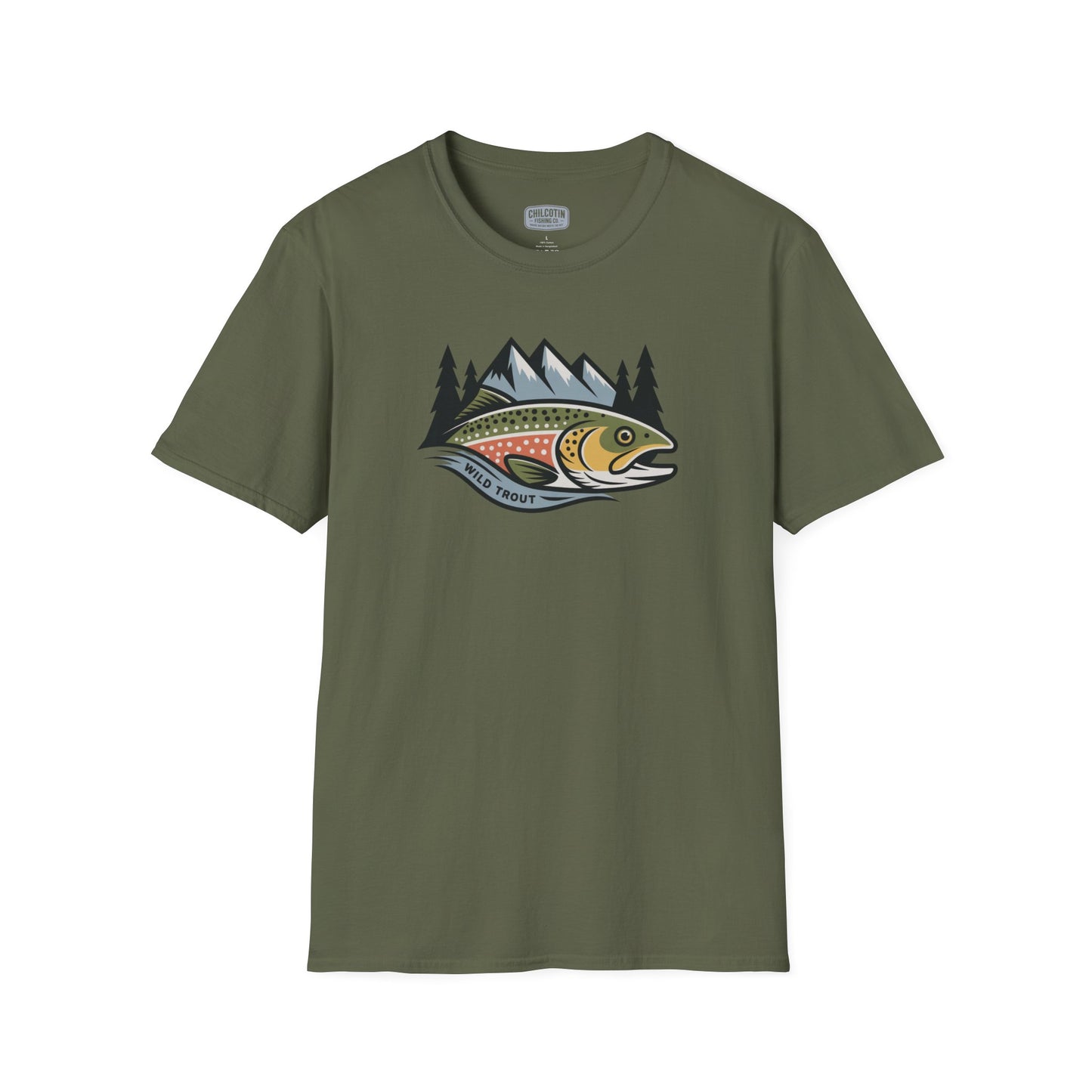 Green t-shirt with a fish and mountain graphic on a white background
