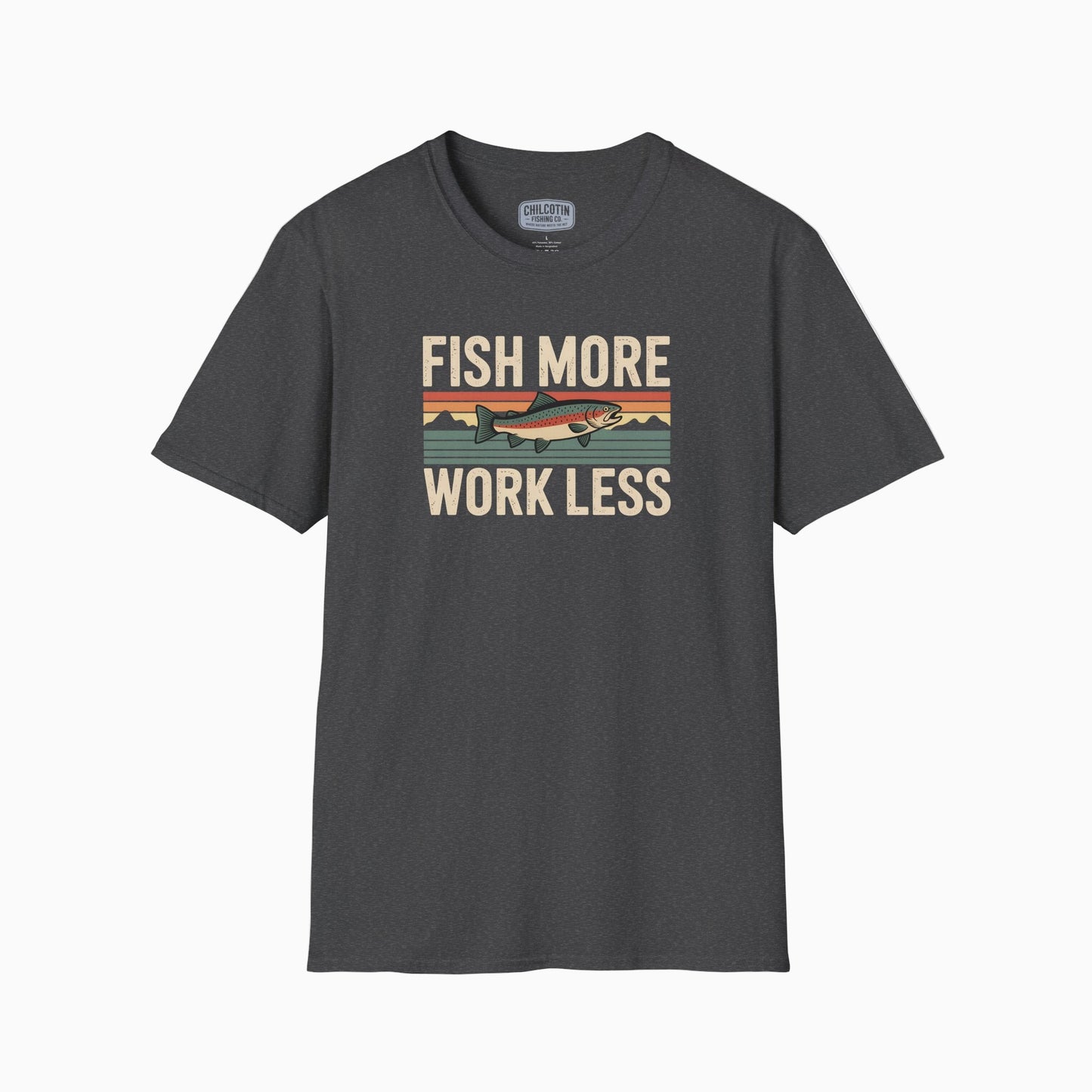 Gray t-shirt with 'Fish More Work Less' graphic on a white background