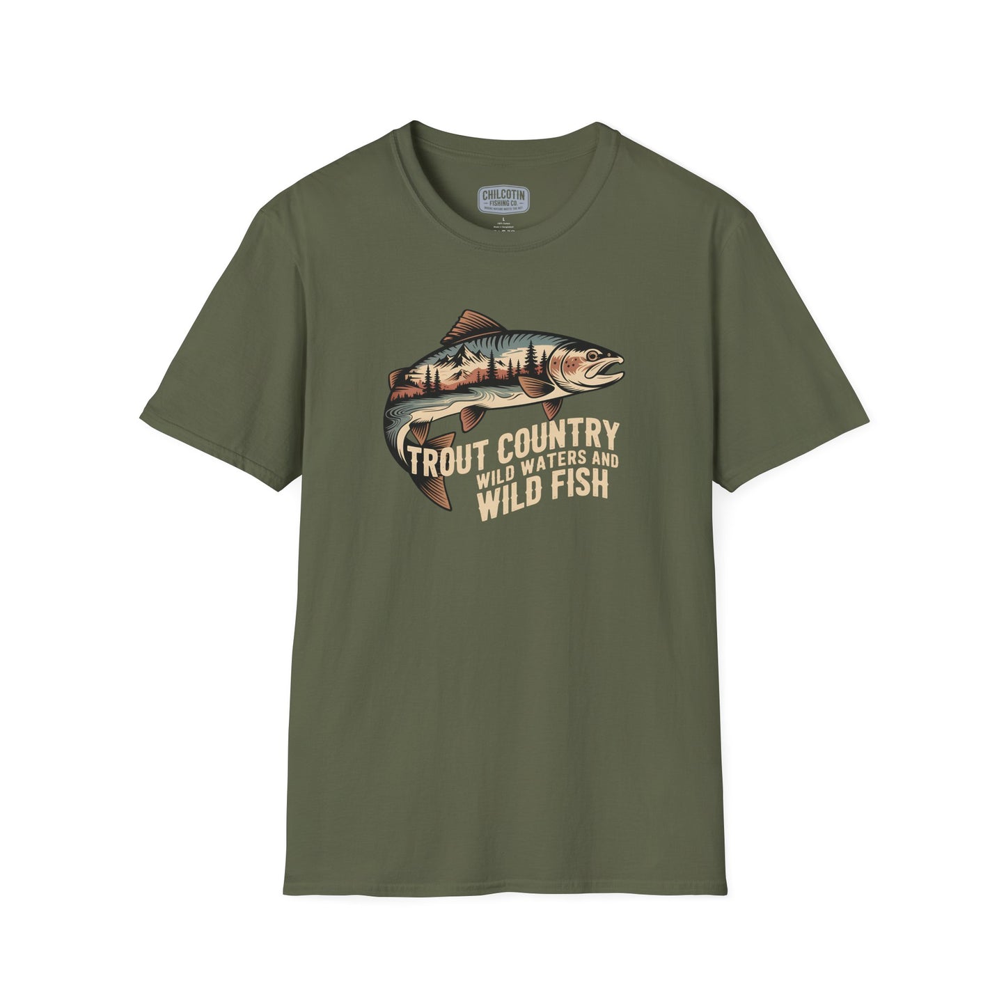 Green t-shirt with fish graphic and text on a white background