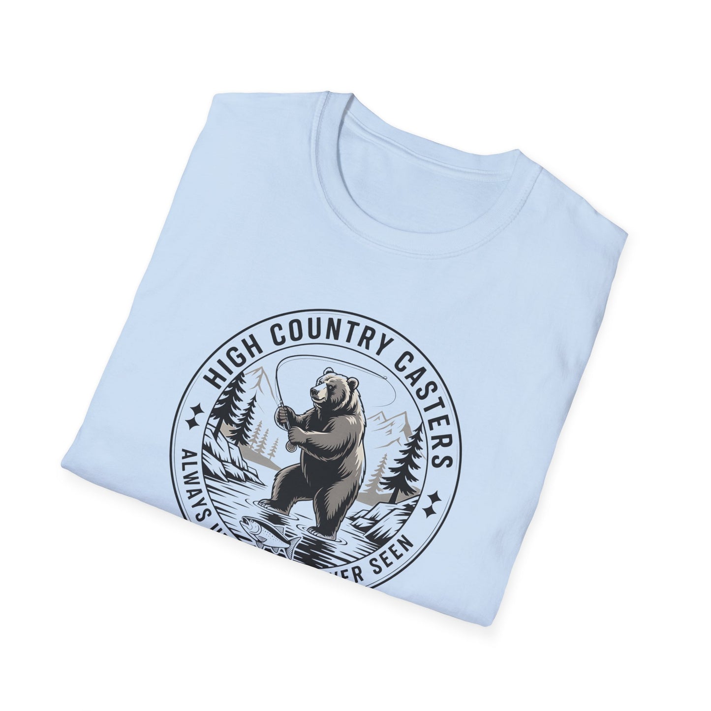 Light blue t-shirt with bear graphic and 'High Country Casters' text on a white background