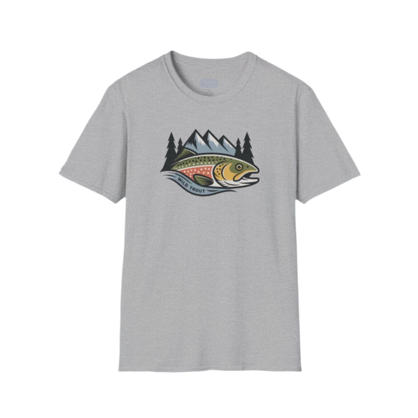 Gray t-shirt with a fish and mountain graphic on a white background
