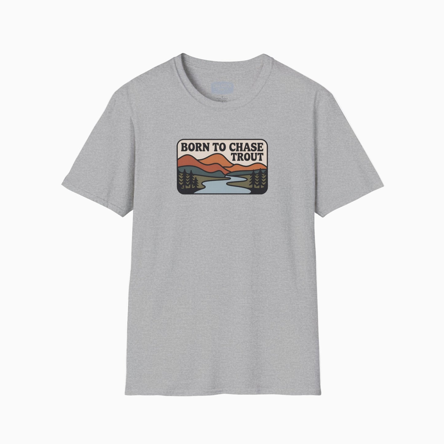 Gray t-shirt with 'Born to Chase Trout' graphic on a white background