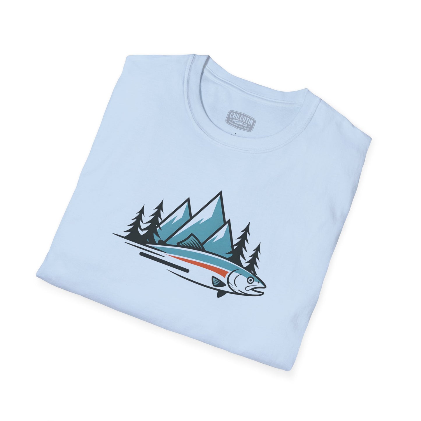 Light blue t-shirt with mountain and fish design on a white background