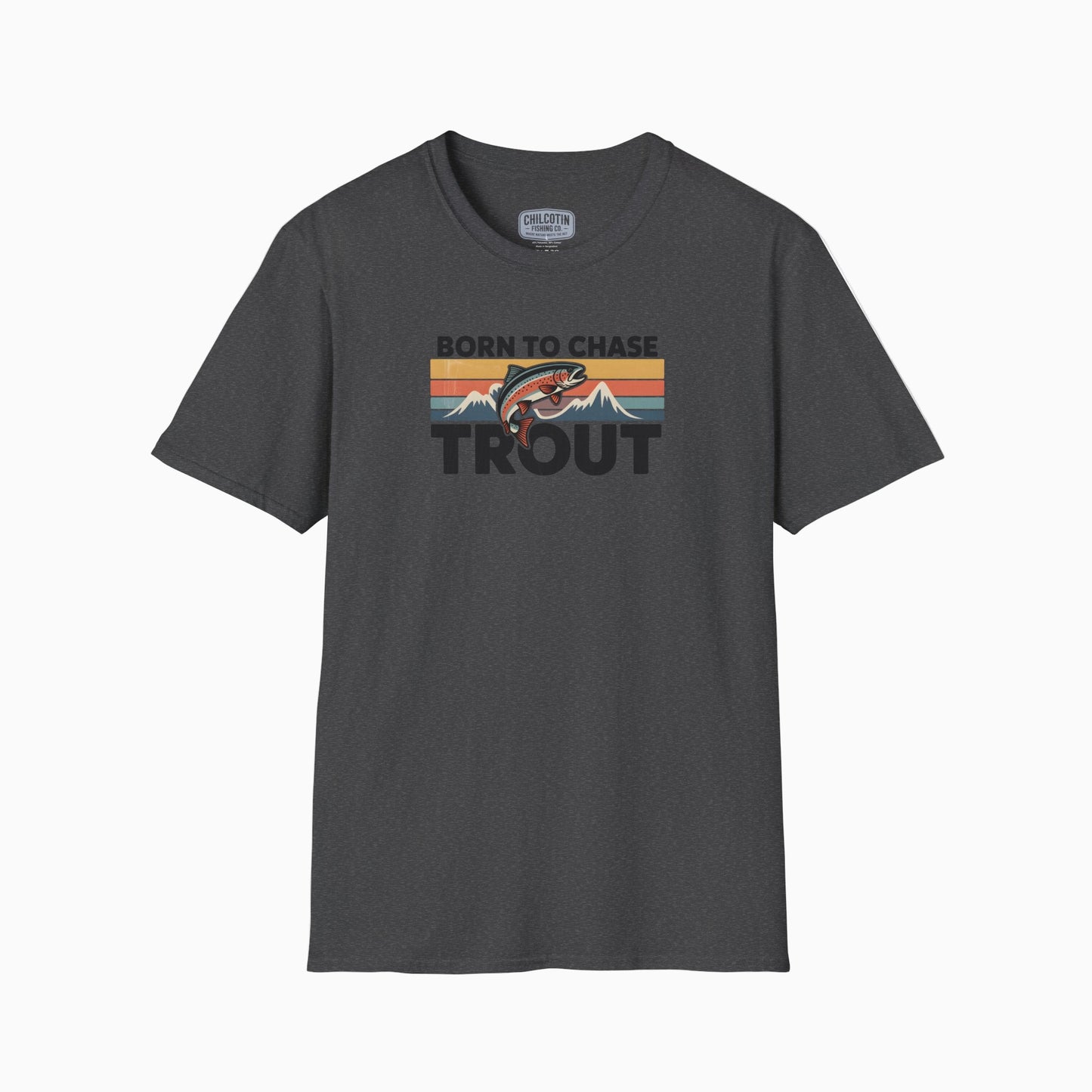 Gray t-shirt with 'Born to Chase Trout' graphic on a white background