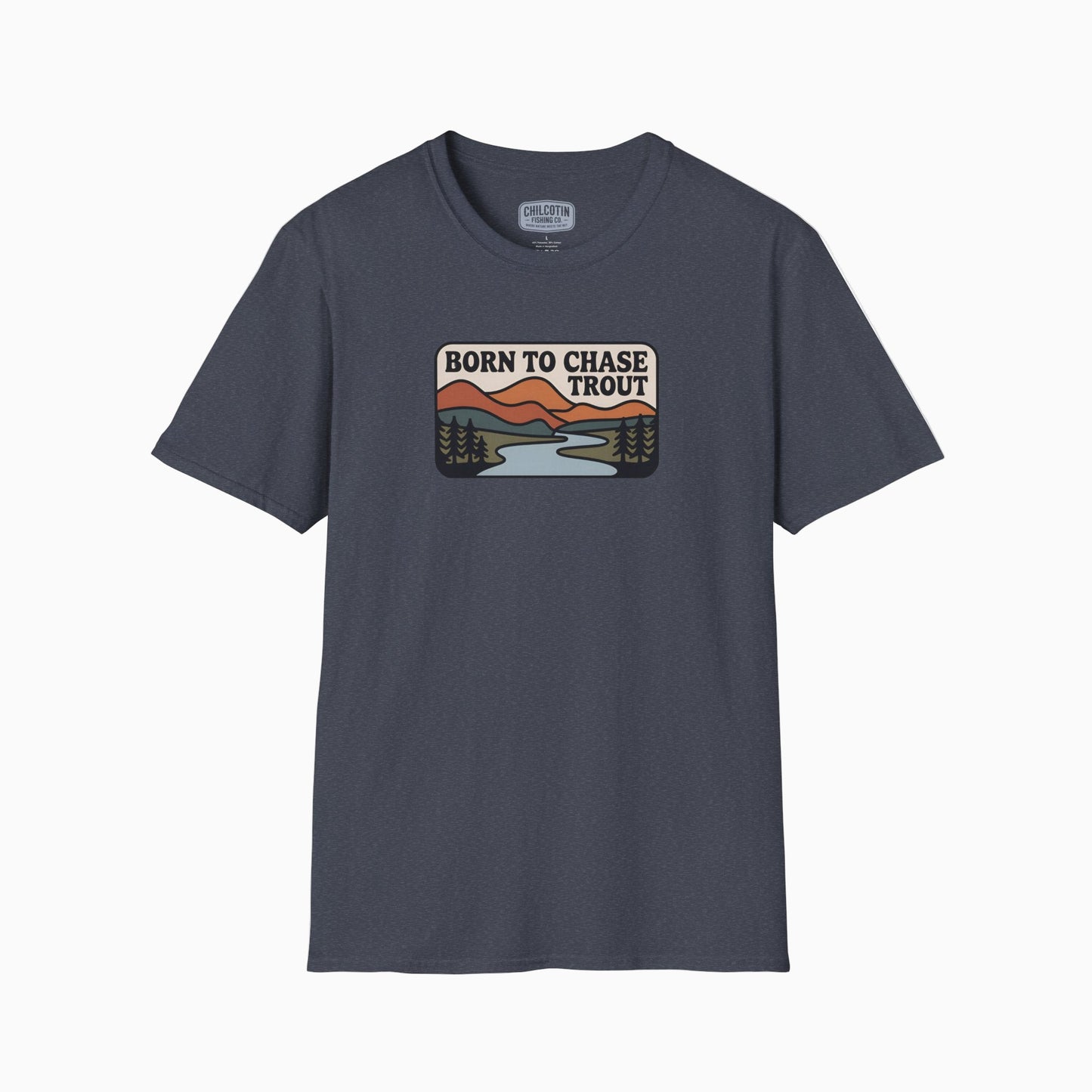 Gray t-shirt with 'Born to Chase Trout' graphic on a white background