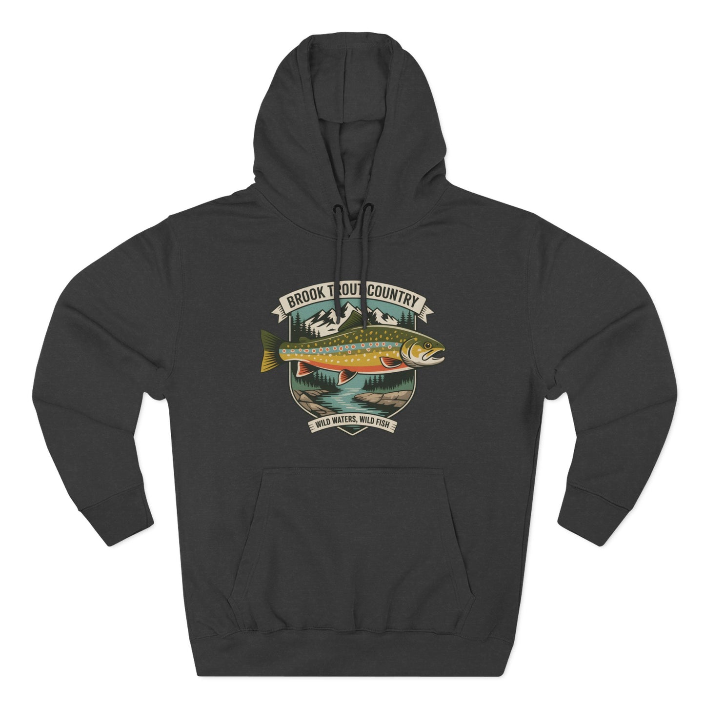 Black hoodie with a fish graphic and text on a white background