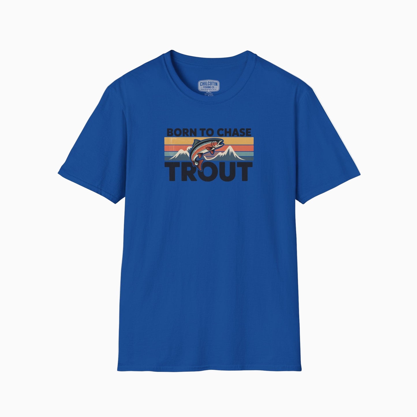 Blue t-shirt with 'Born to Chase Trout' graphic on a white background