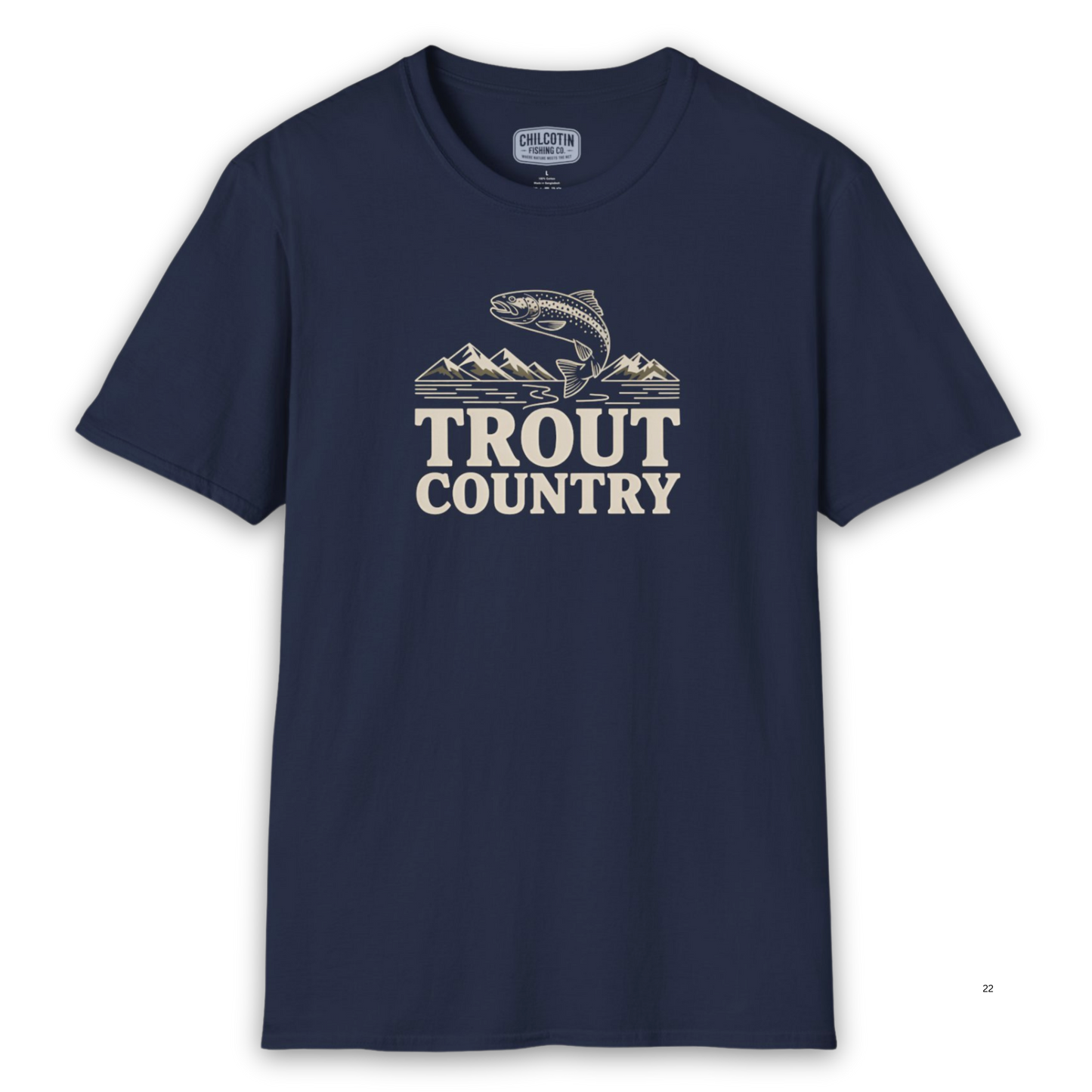 Navy blue t-shirt with 'Trout Country' graphic on a white background
