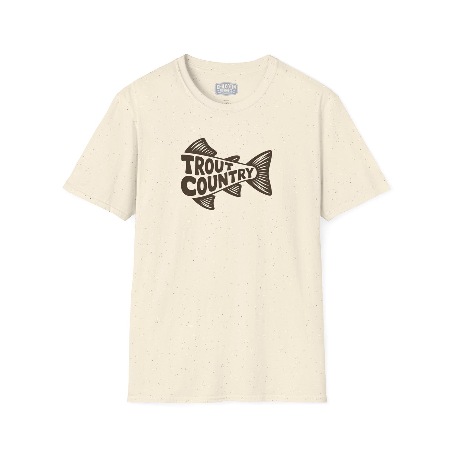Beige t-shirt with 'Trout Country' graphic on a white background