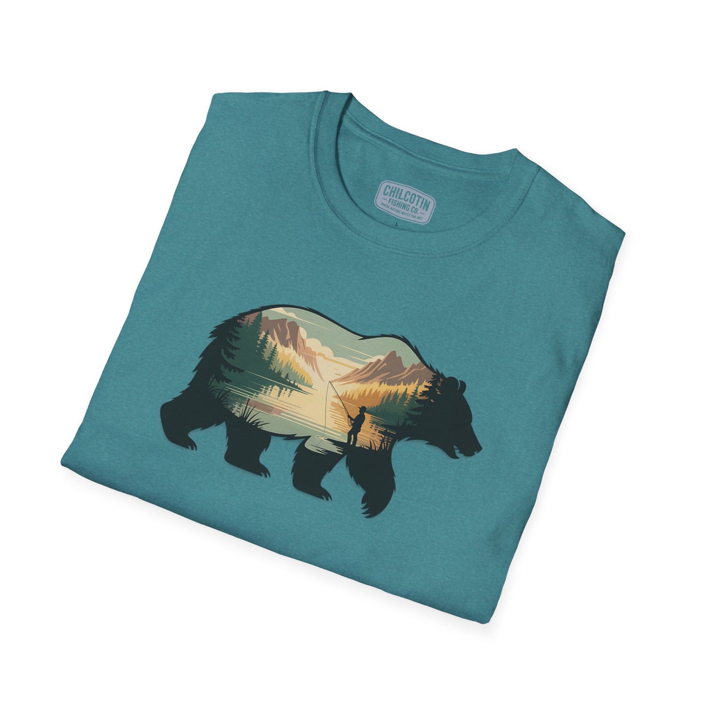 Grizzly Fall Scene Fishing T-Shirt | Rugged Outdoor Tee for Backcountry Anglers