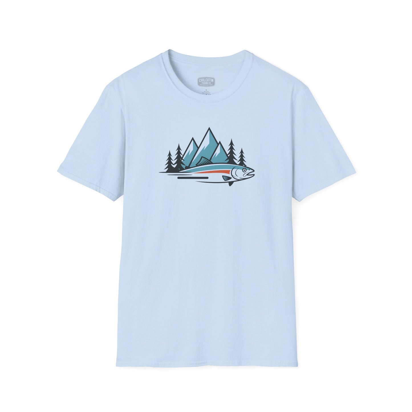 Light blue t-shirt with a graphic of a fish and mountains on a white background