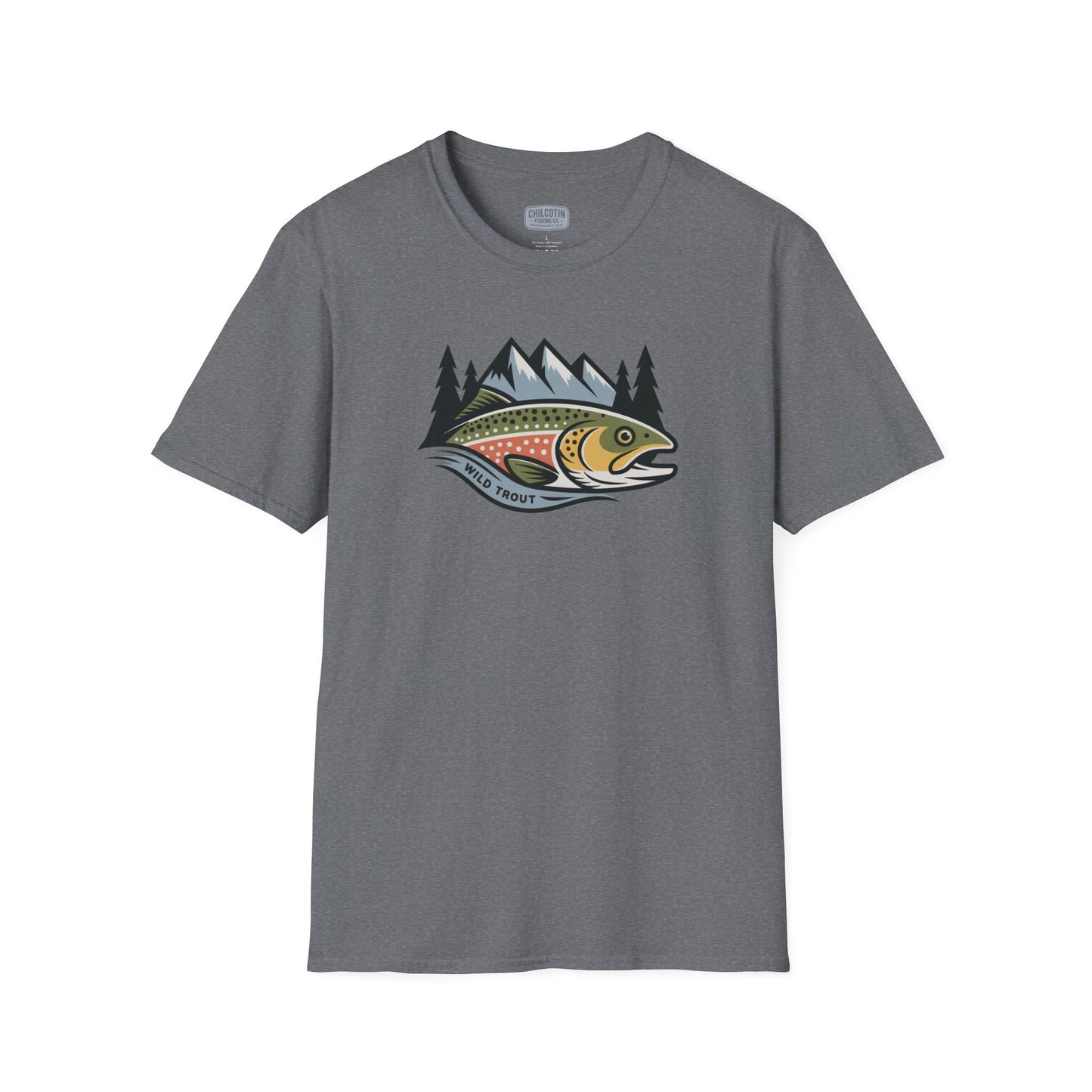Gray t-shirt with a fish and mountain graphic on a white background