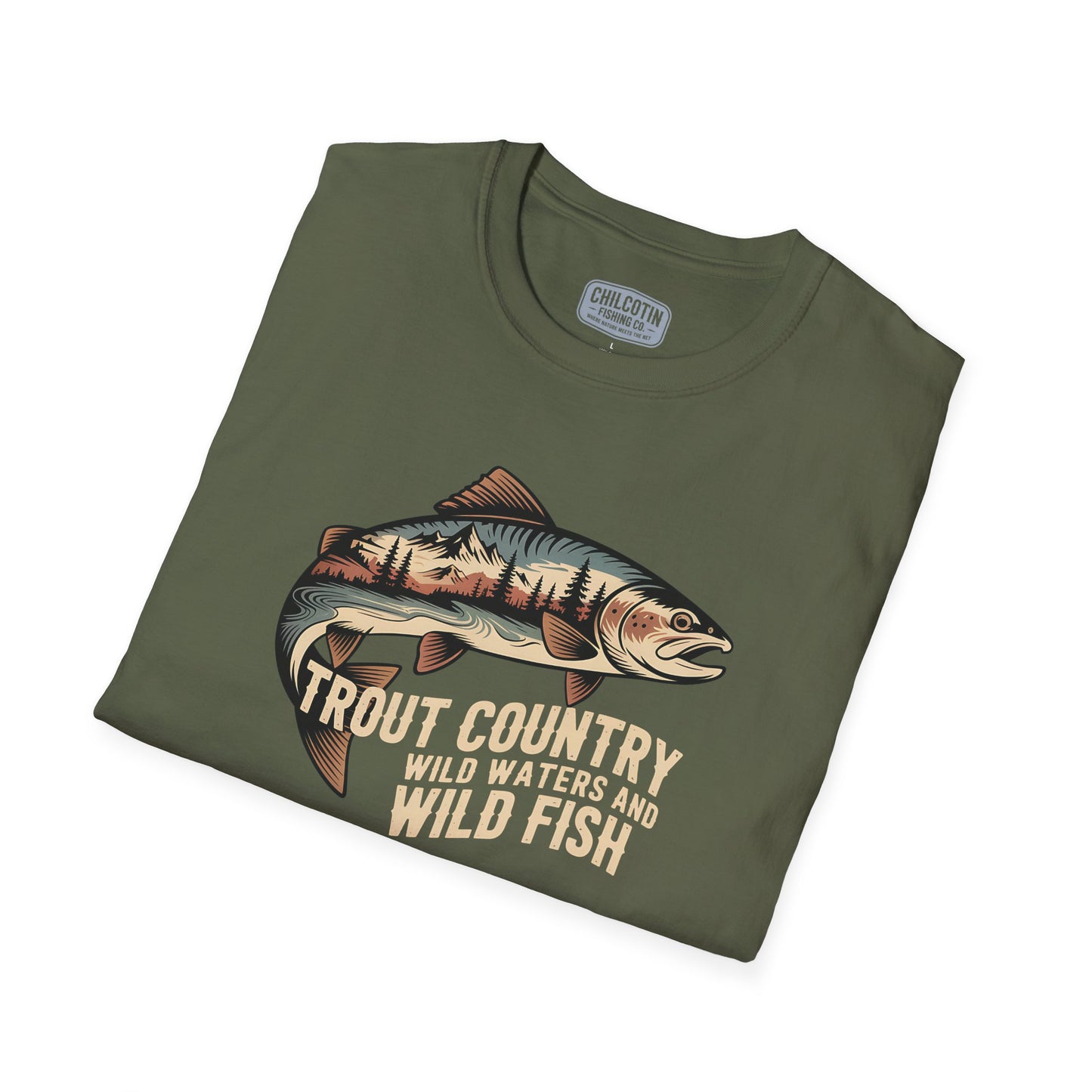 Folded green t-shirt with fish graphic and text on a white background