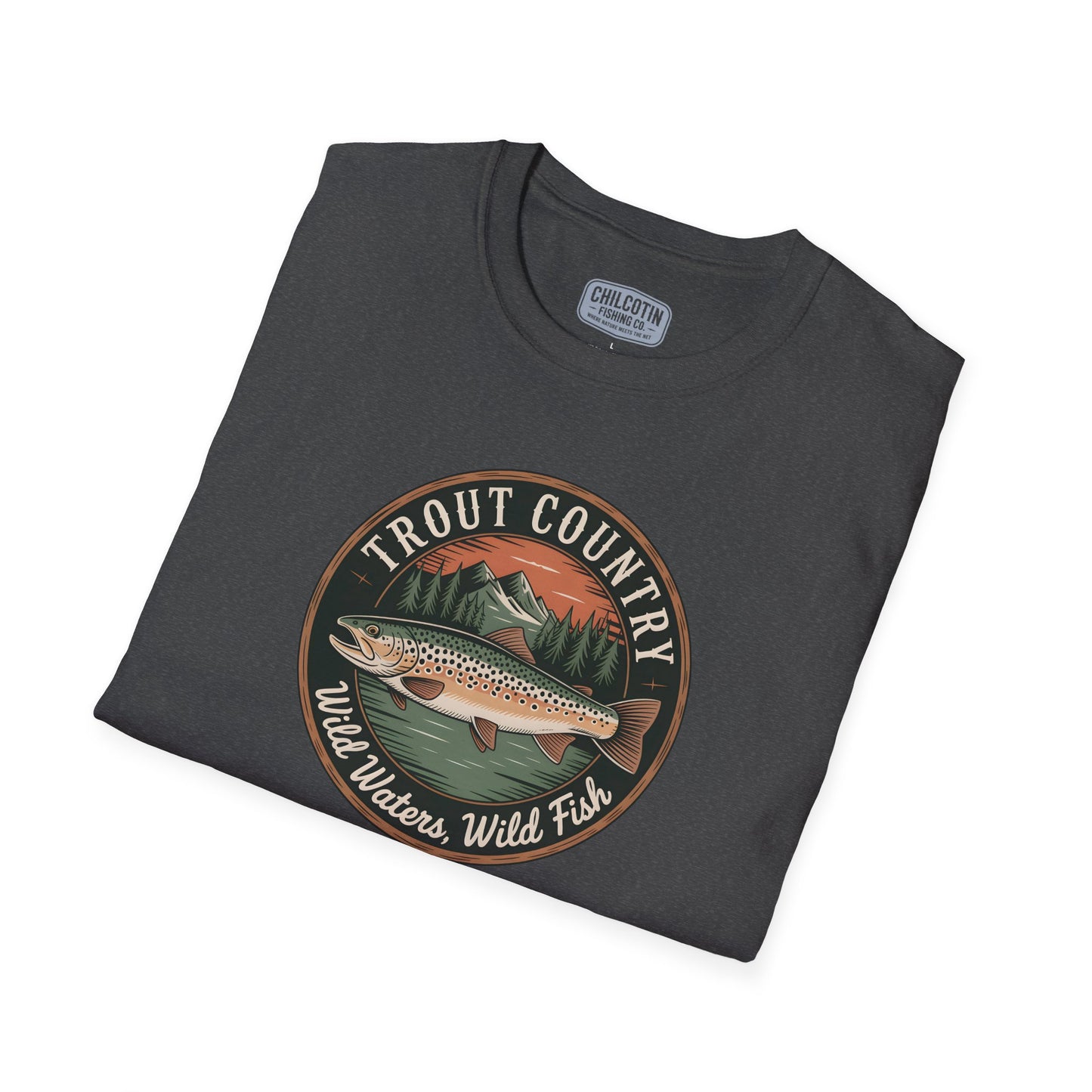 Close-up of brown trout badge design on Brown Trout Country T-Shirt