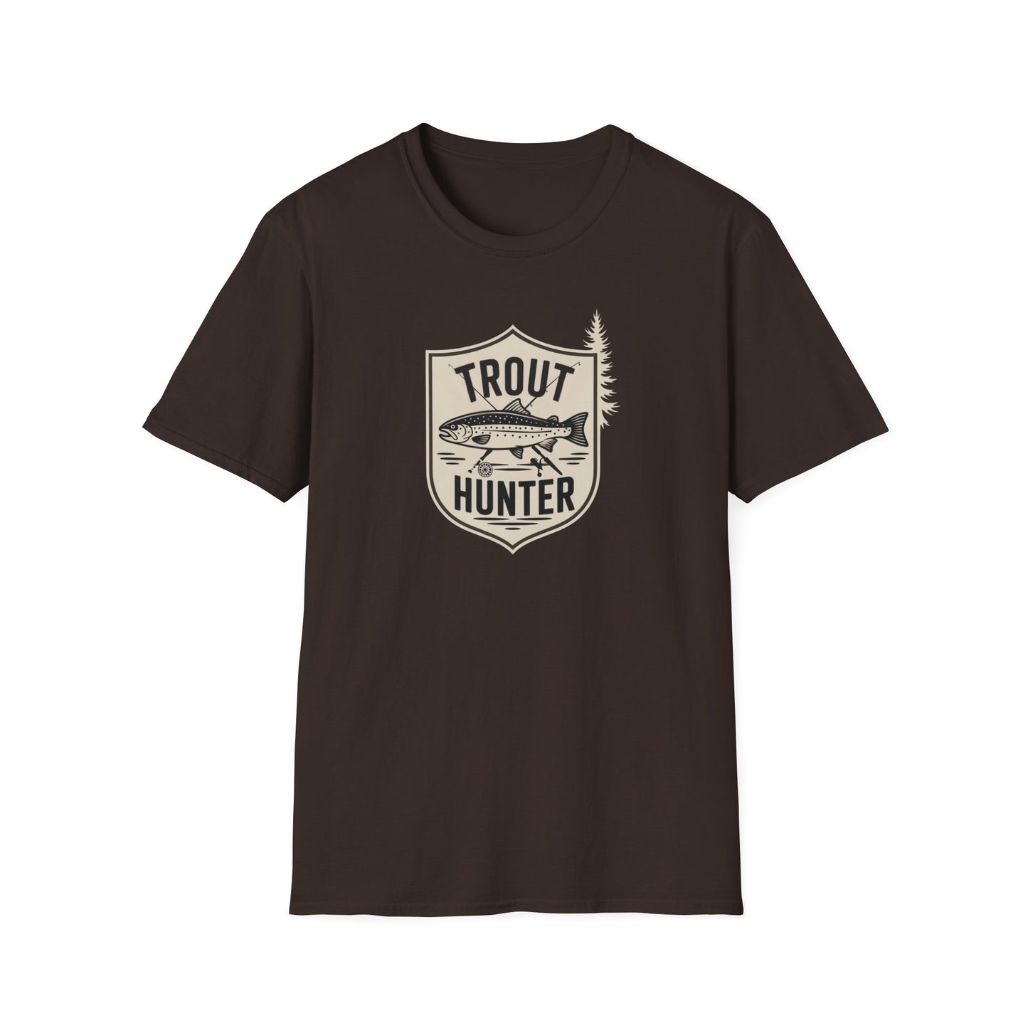 Brown t-shirt with 'Trout Hunter' graphic on a white background