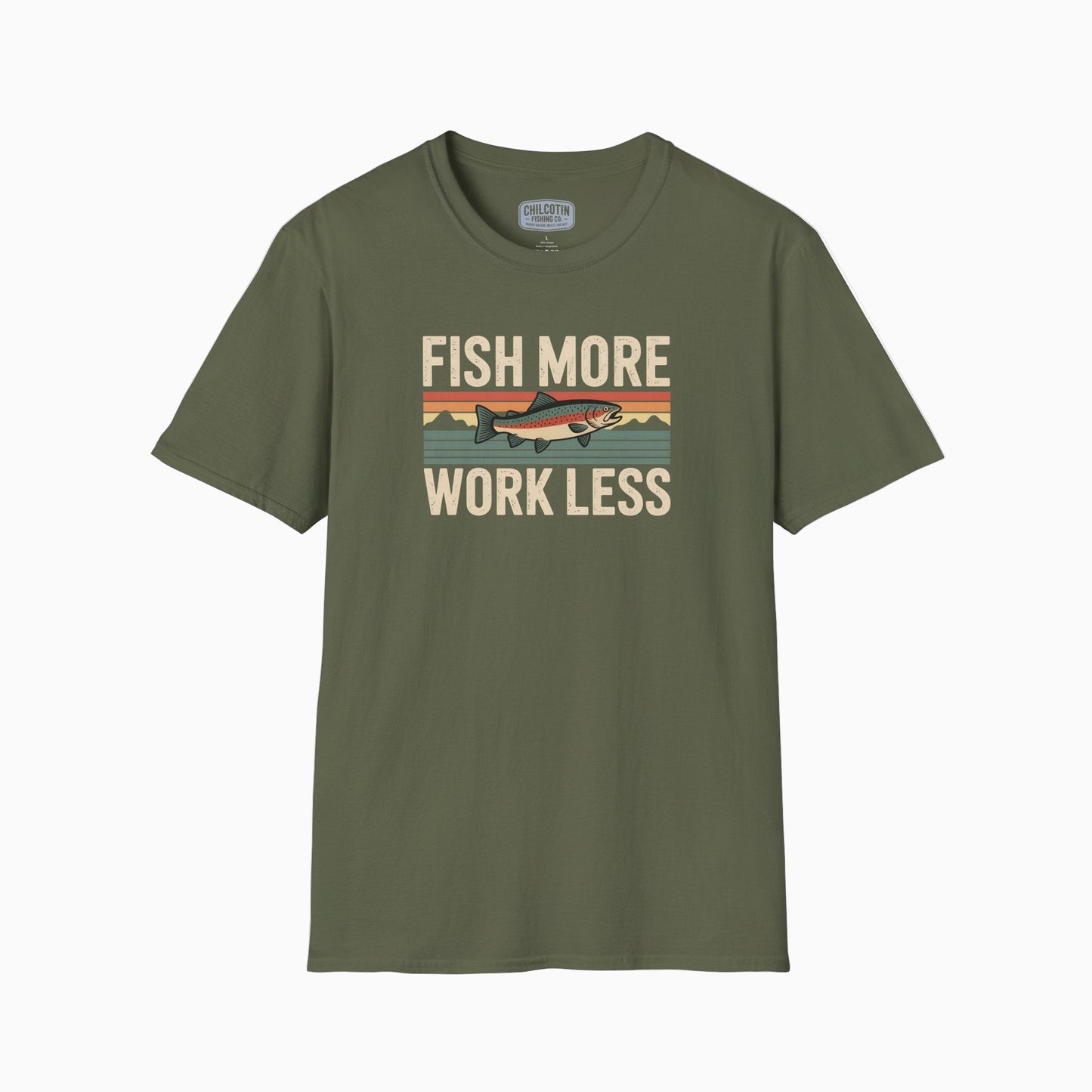 Green t-shirt with 'Fish More Work Less' graphic on a white background
