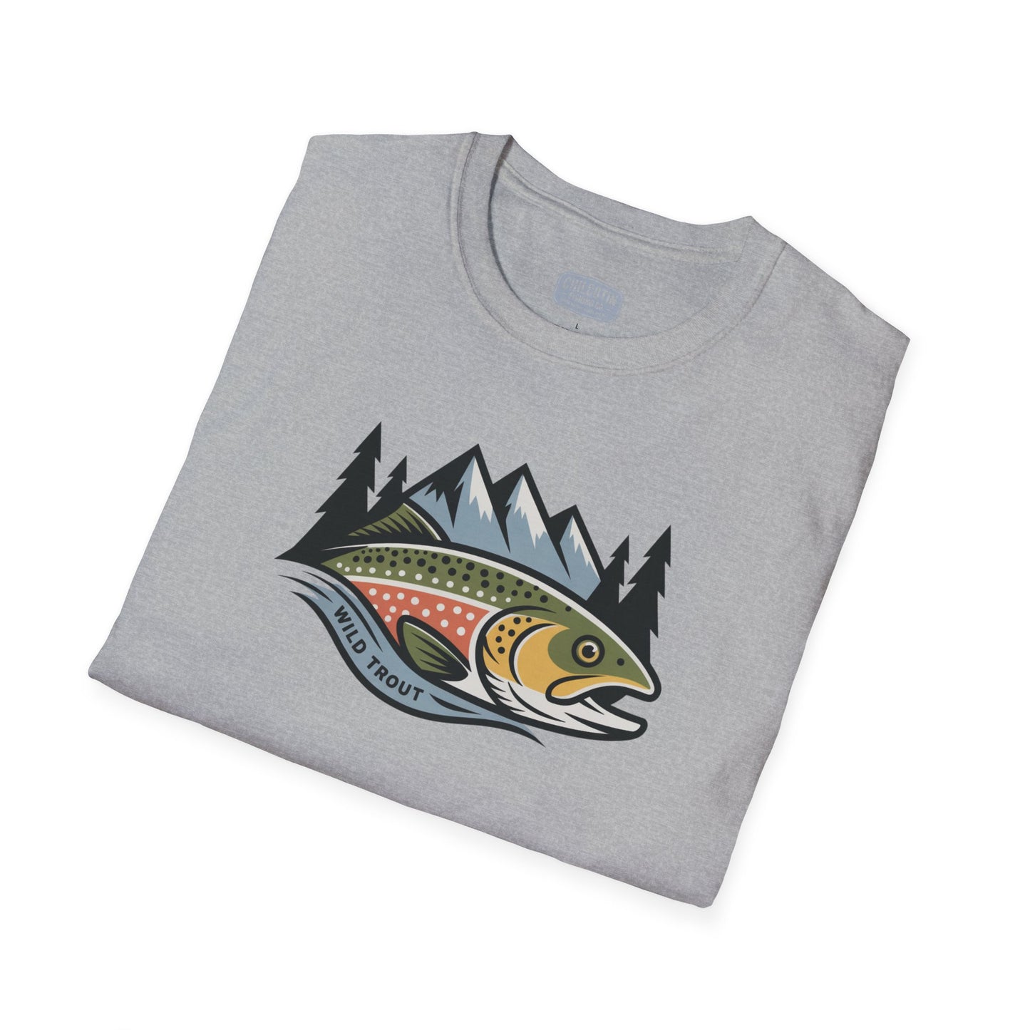 Folded gray t-shirt with a colorful fish and mountain design on a white background