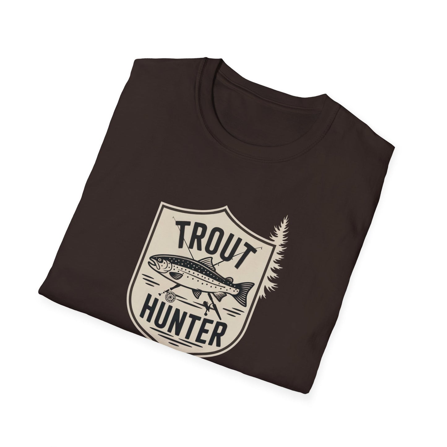 Folded brown t-shirt with 'Trout Hunter' graphic on a white background