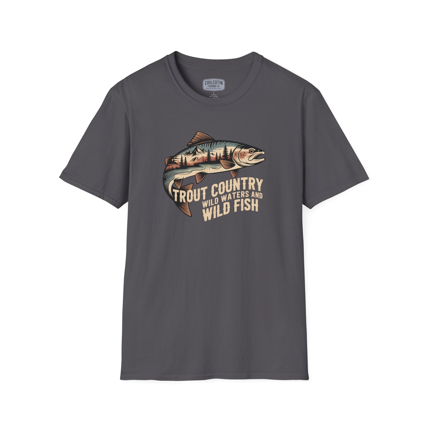 Gray t-shirt with a fish graphic and text on a white background