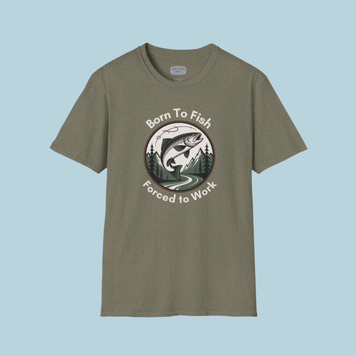 Green t-shirt with fishing graphic and text on a white background