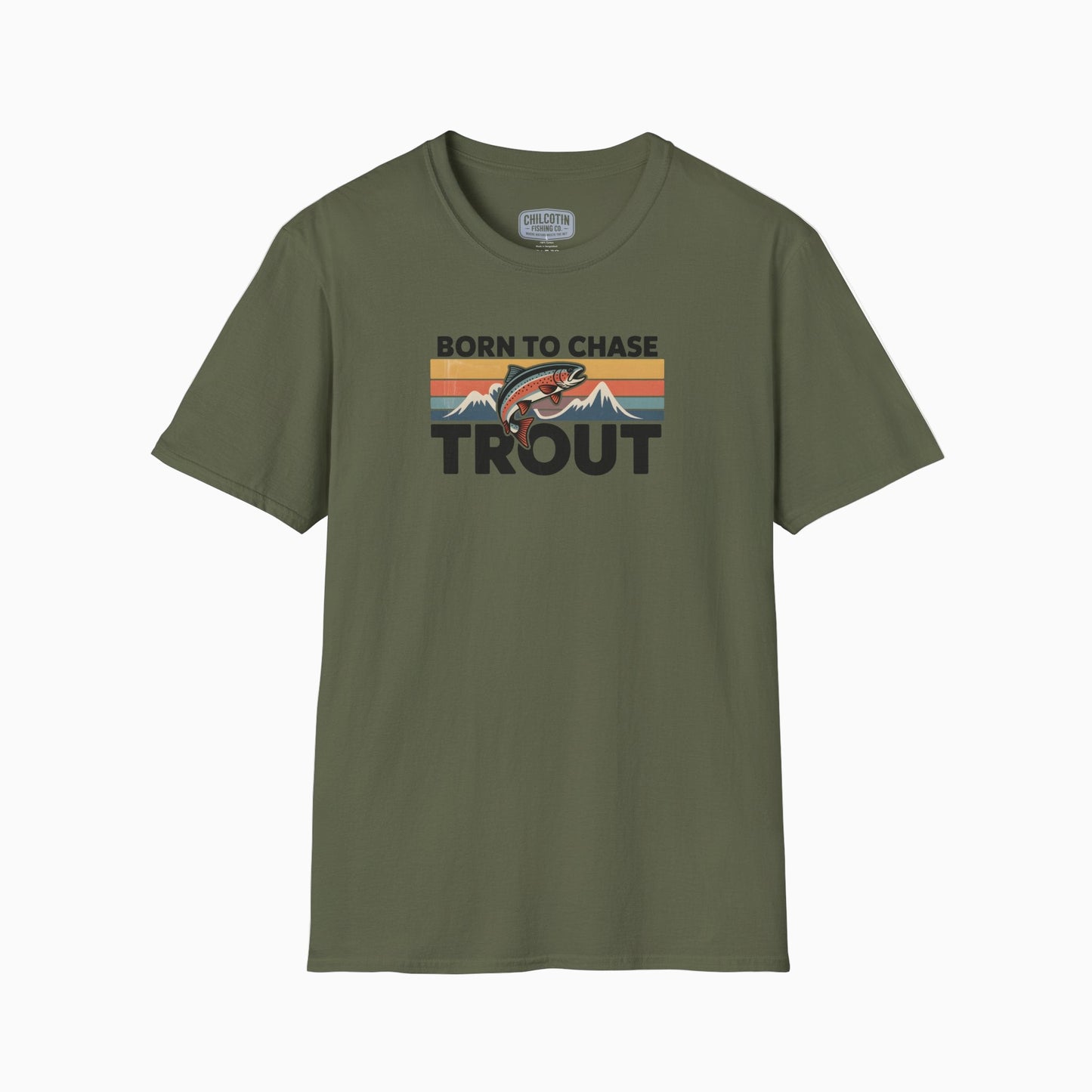 Green t-shirt with 'Born to Chase Trout' graphic on a white background