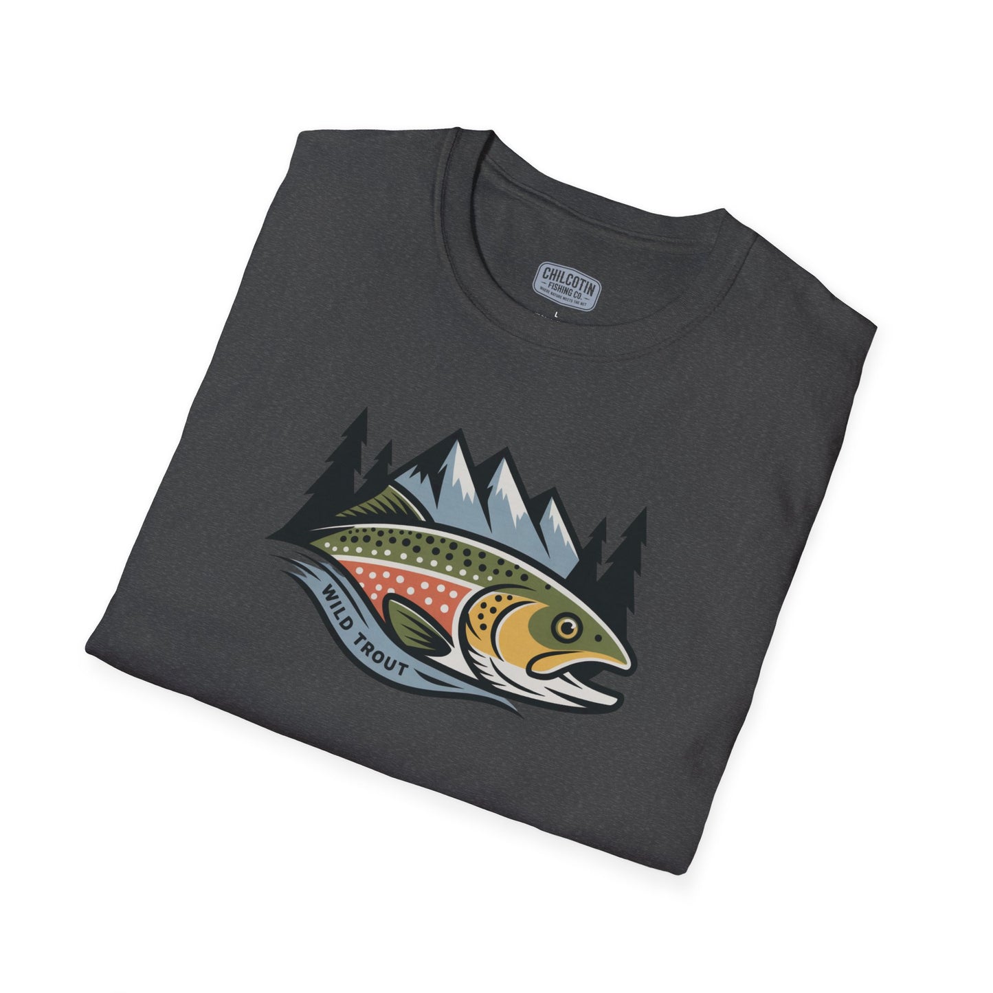 Folded t-shirt with a fish and mountain design on a white background