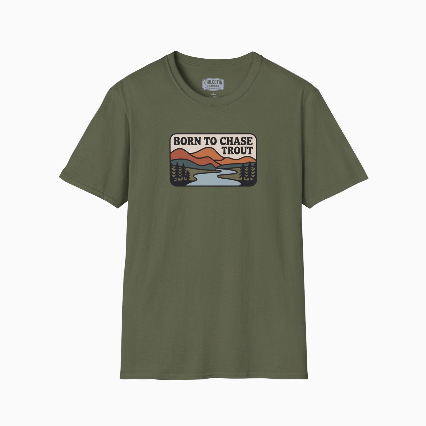Green t-shirt with a graphic design on a white background