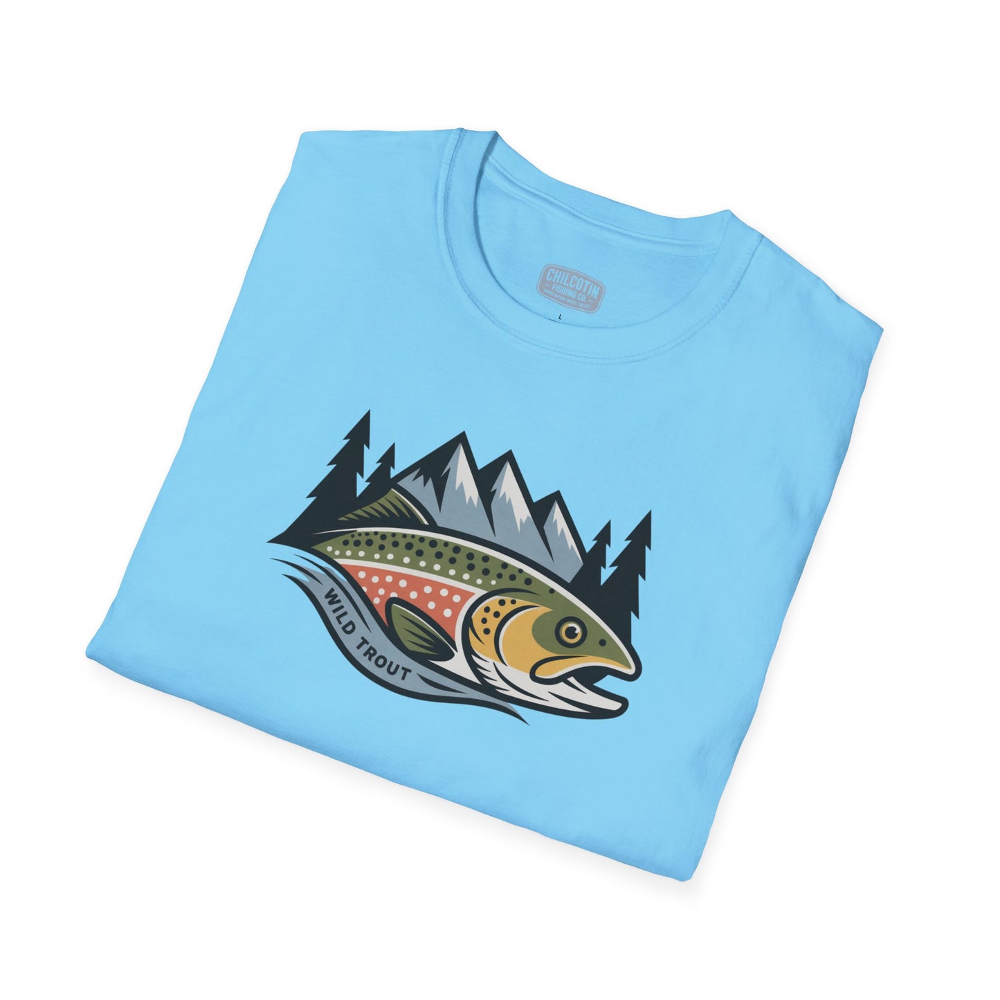 Light blue t-shirt with a fish and mountain graphic on a white background