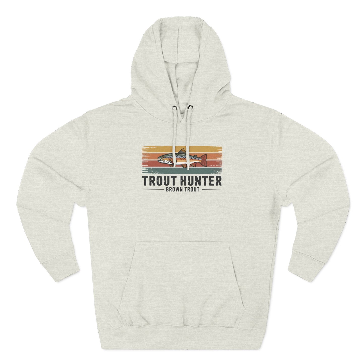 Beige hoodie with 'Trout Hunter Brown Trout' graphic on a white background